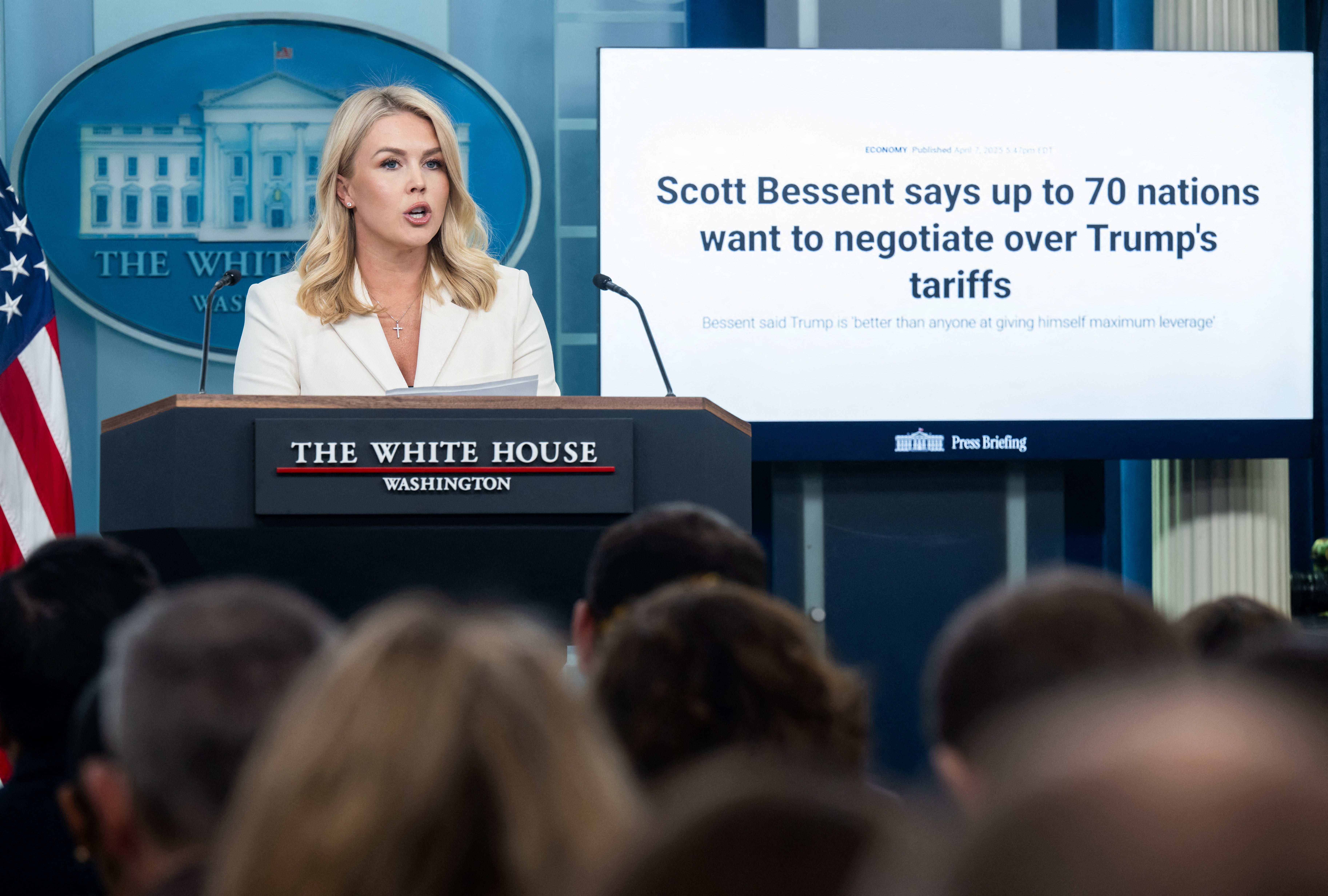 White House press secretary Karoline Leavitt discusses the Trump administration’s tariffs and trade policies during the daily briefing in the Brady Briefing Room