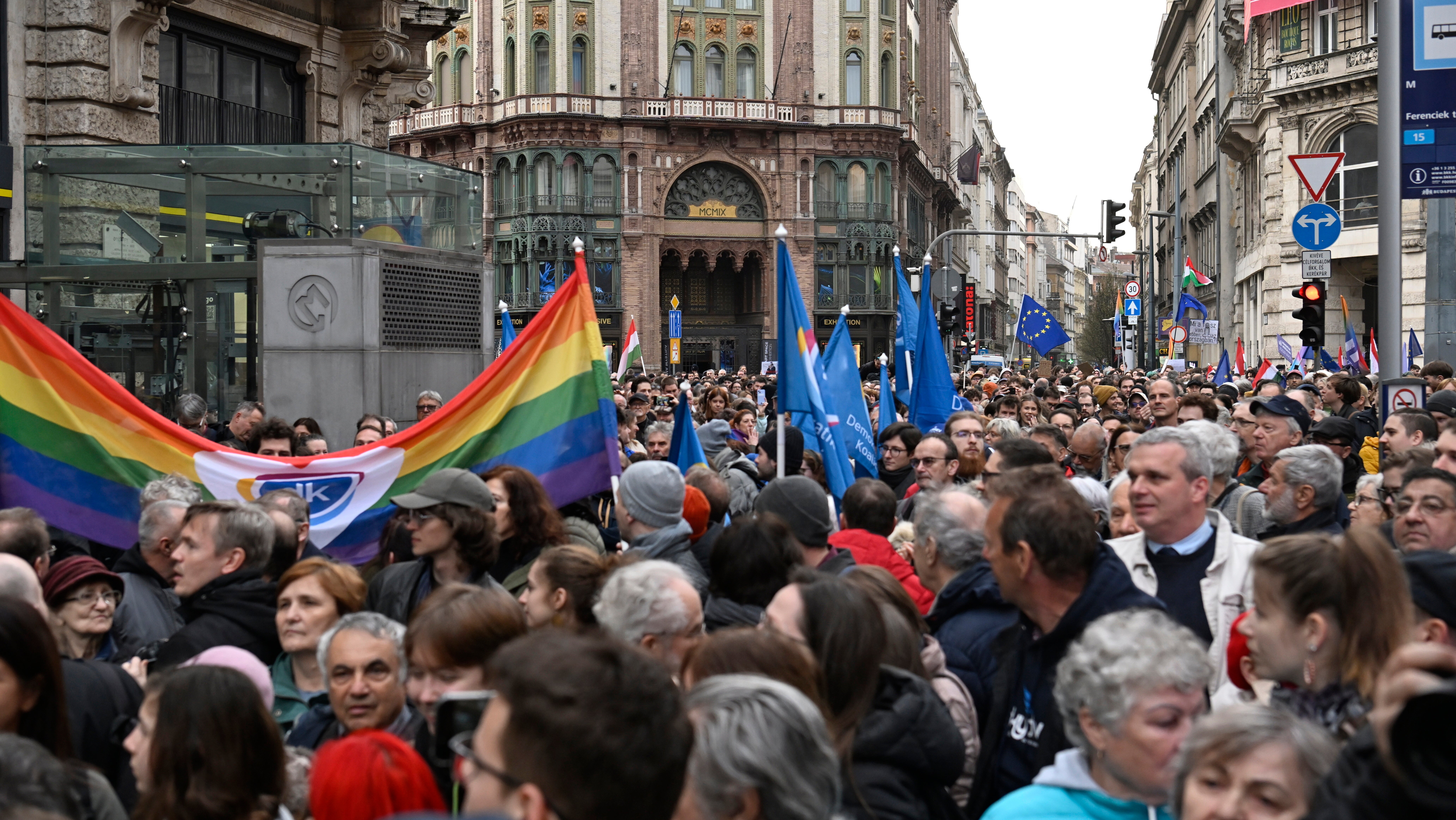 Hungarian demonstrators protest LGBTQ+ laws in downtown Budapest, Hungary, Tuesday, 25 March 2025