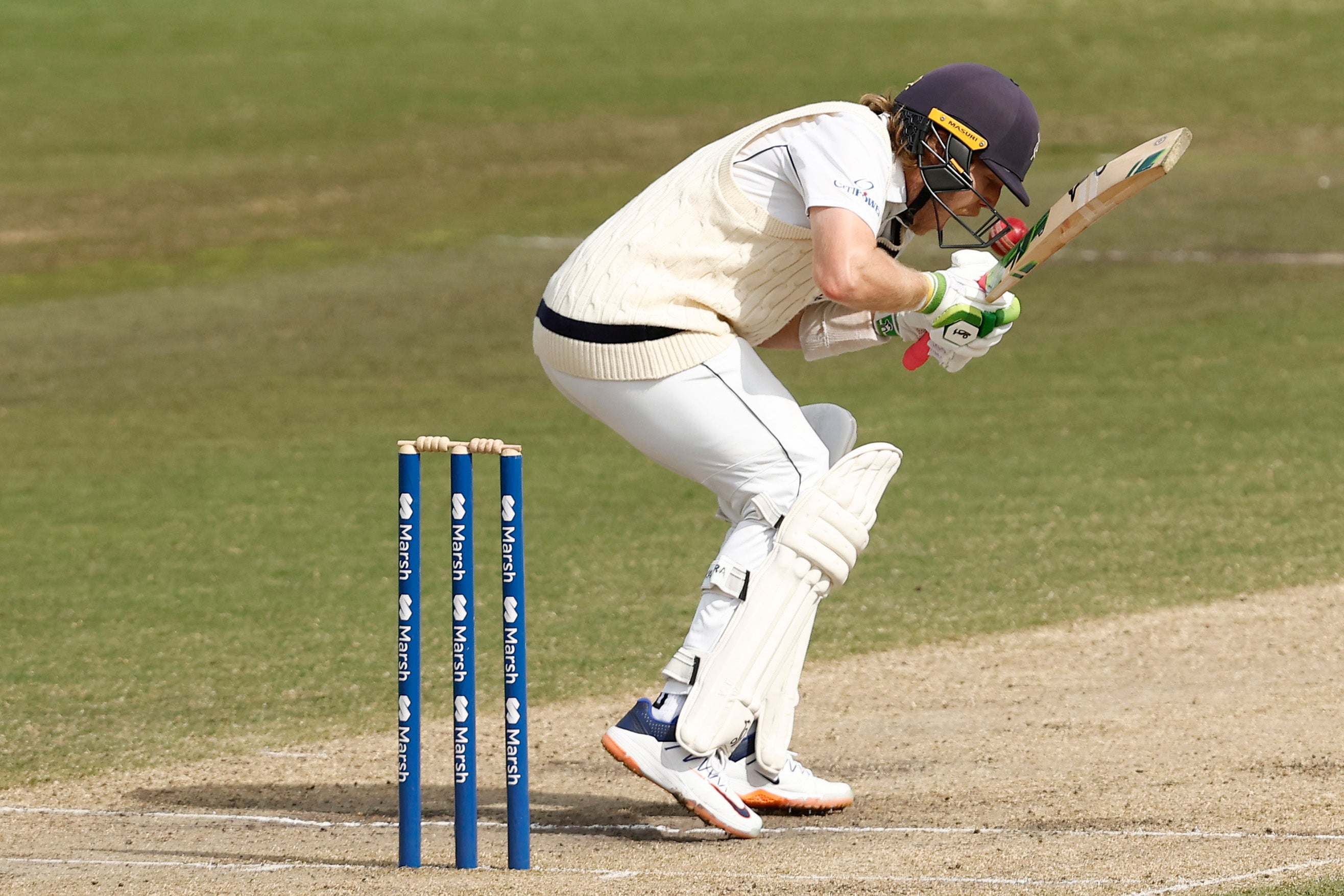 Pucovski tries to evade a short ball during a Sheffield Shield match in 2022