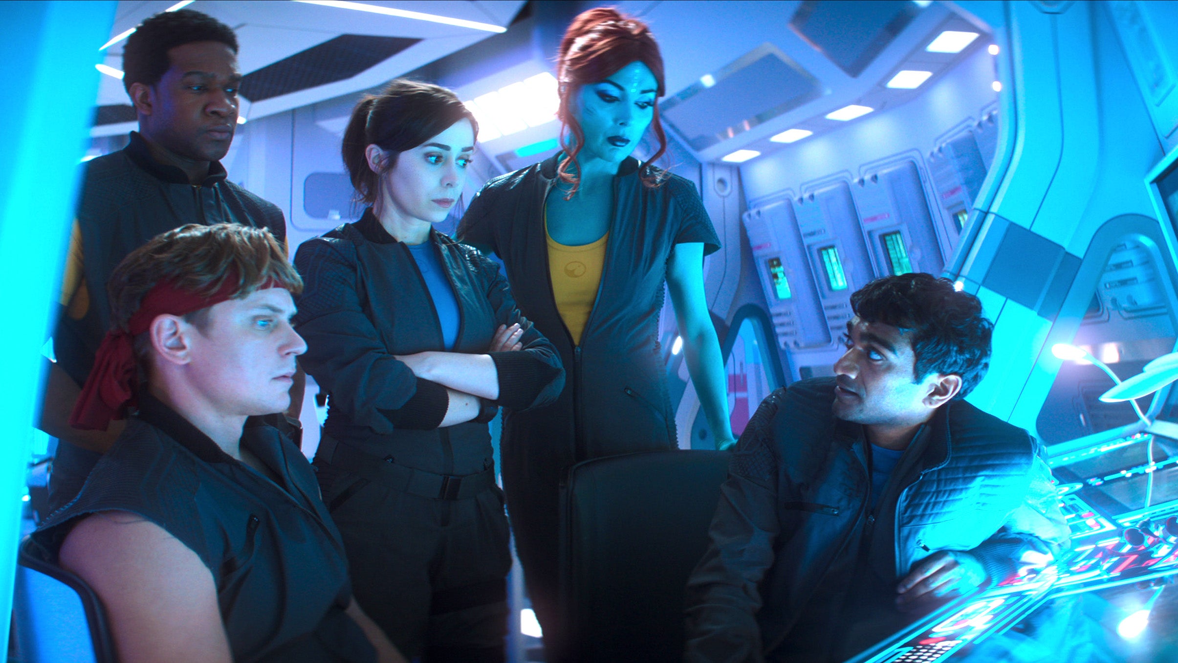 Photo issued by Netflix of Billy Magnussen, Osy Ikhile, Cristin Milioti, Milanka Brooks, Paul G. Ryamond in Black Mirror season seven