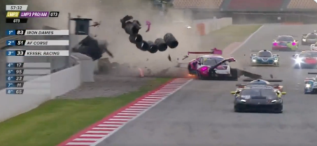 Garcia was sent into the tyre barrier after being clipped by Elesio Donno in the AF Corse Ferrari