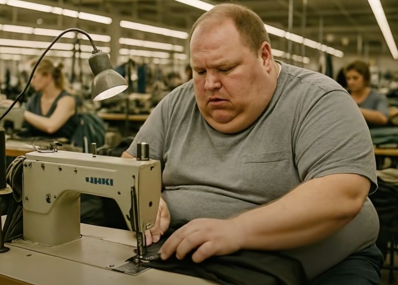 The video depicted glum-looking workers in a textiles factory