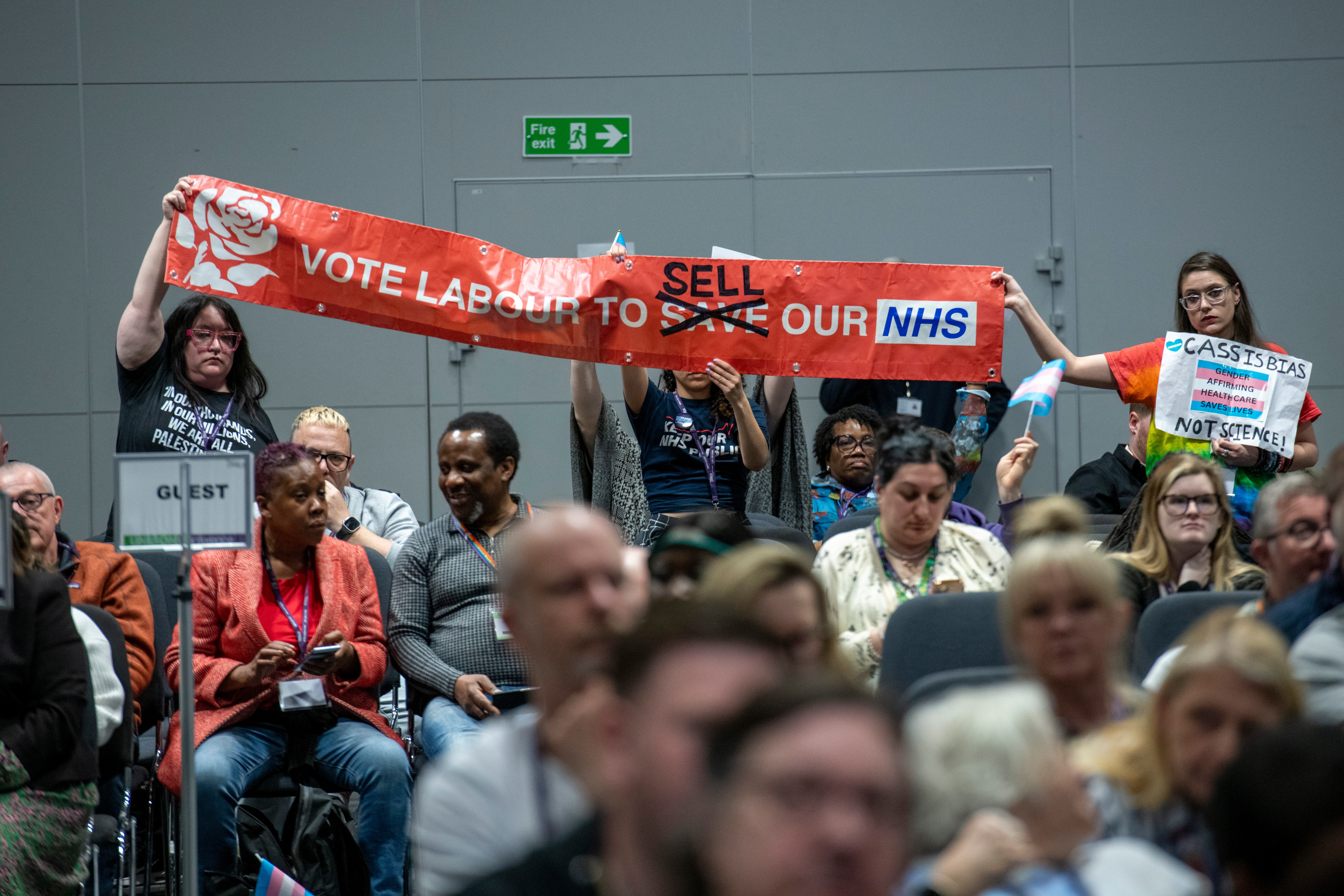 Anti-privatisation and pro-trans protesters at the Unison National Healthcare Service Group Conference in Liverpool (Steve Forrest/Workers’ Photos/PA)