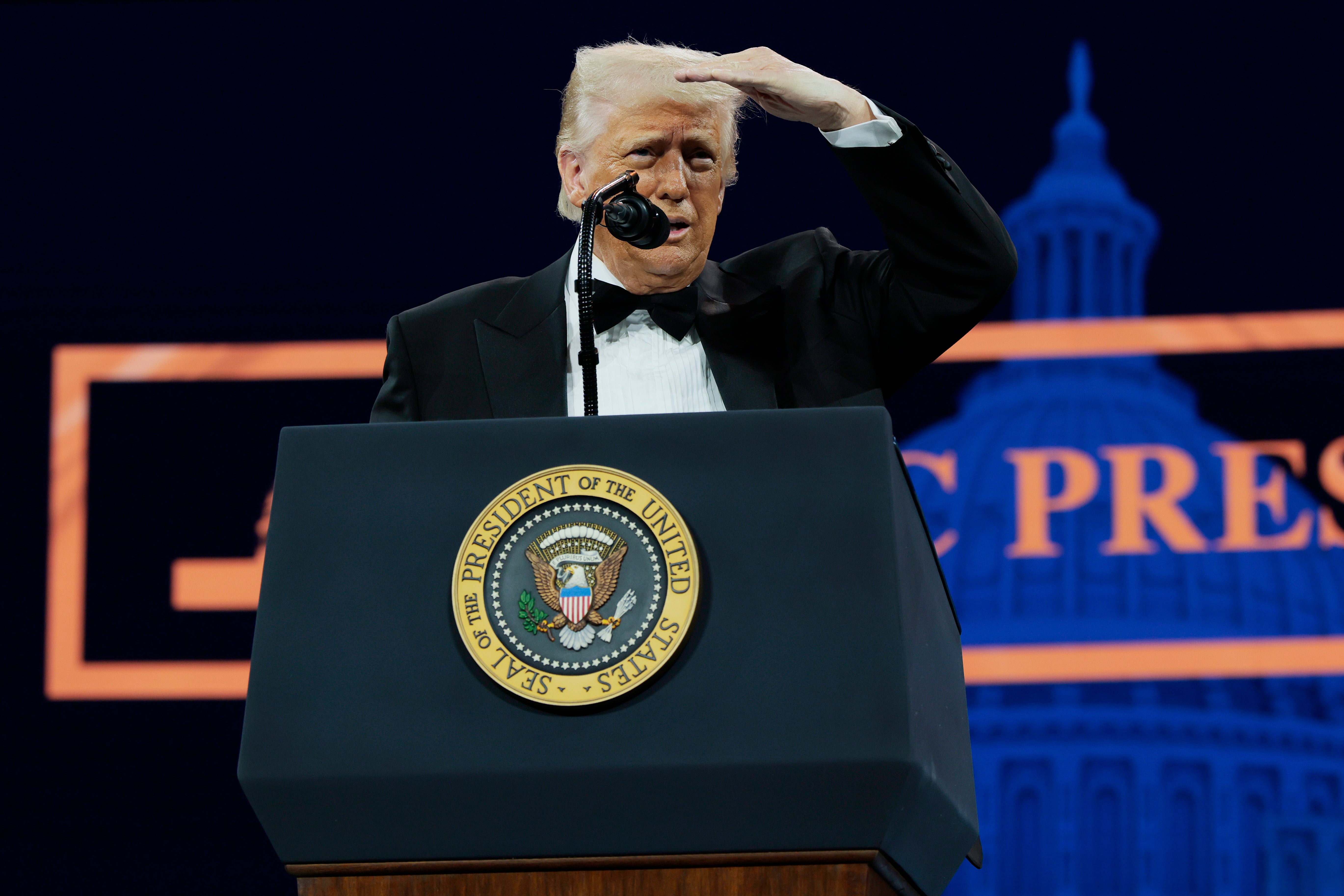 Donald Trump speaks during the National Republican Congressional Committee (NRCC) dinner at the National Building Museum on April 8, 2025, in Washington, D.C. He has said that tariffs on pharmaceuticals are incoming