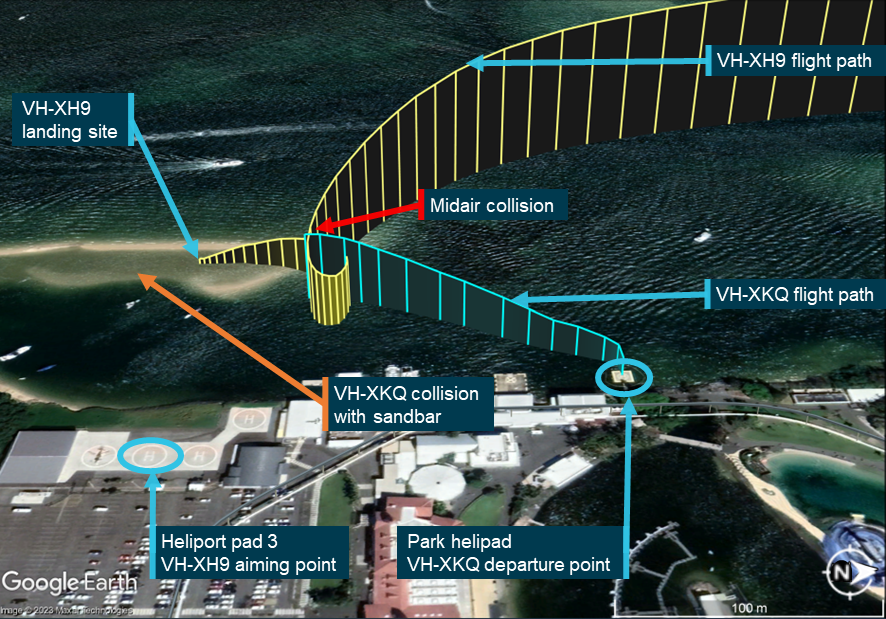 This annotated image from the report shows the path of the two helicopters when the collision occured