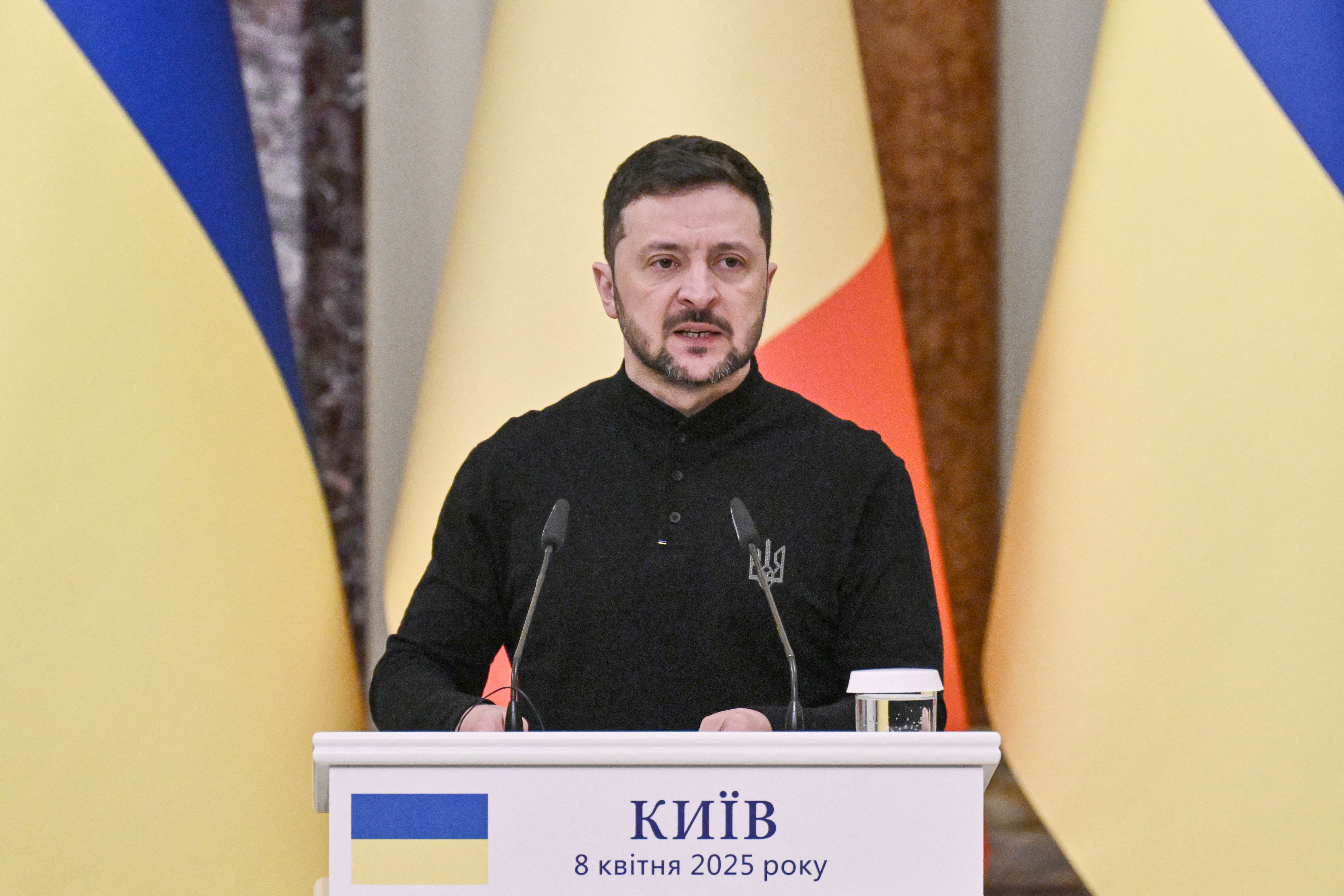 President Zelensky speaks at a press conference in Kyiv on 8 April 2025