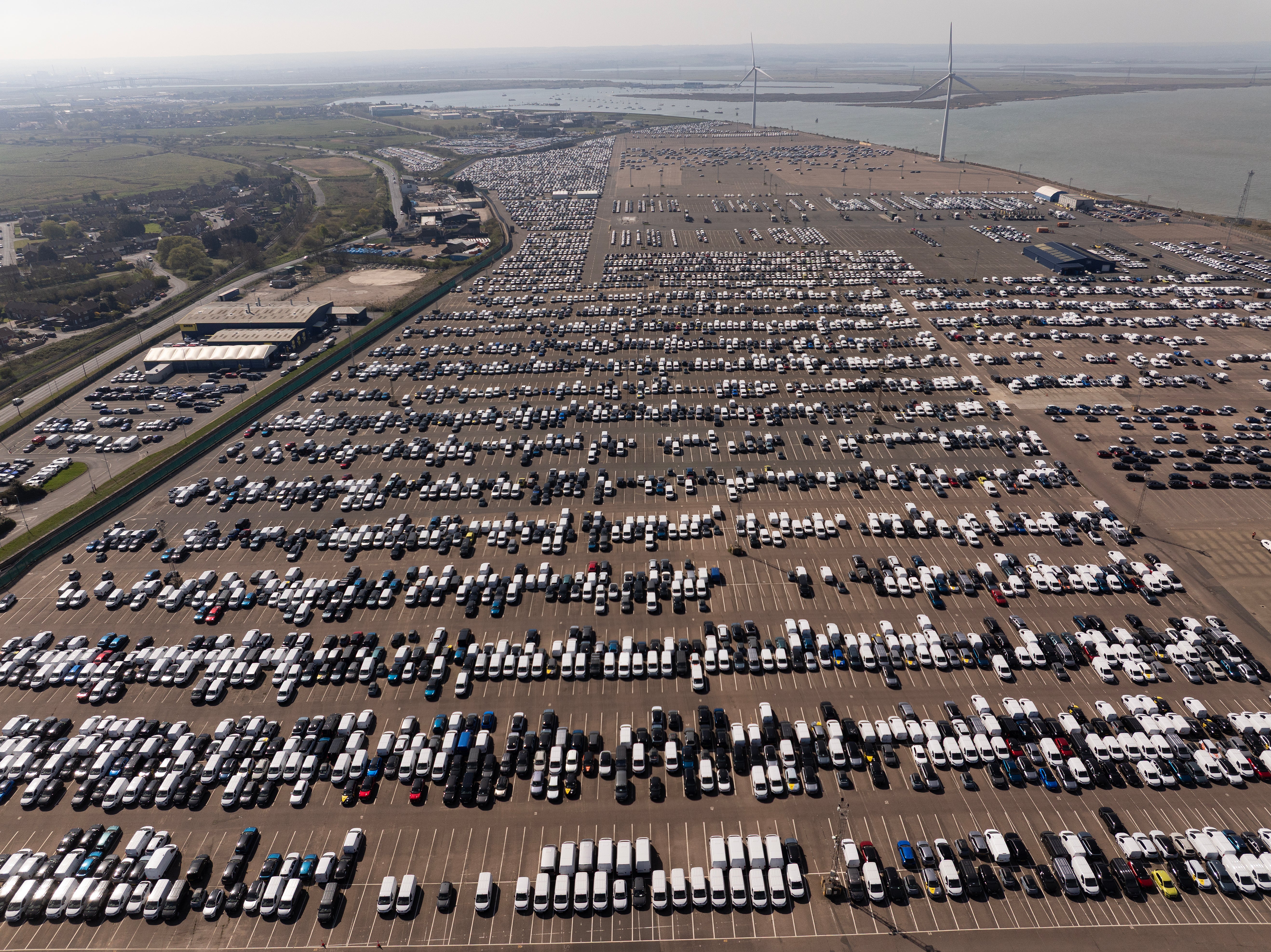 New cars and vans at Peel Ports London Medway facility in Sheerness, England, on 8 April 2025
