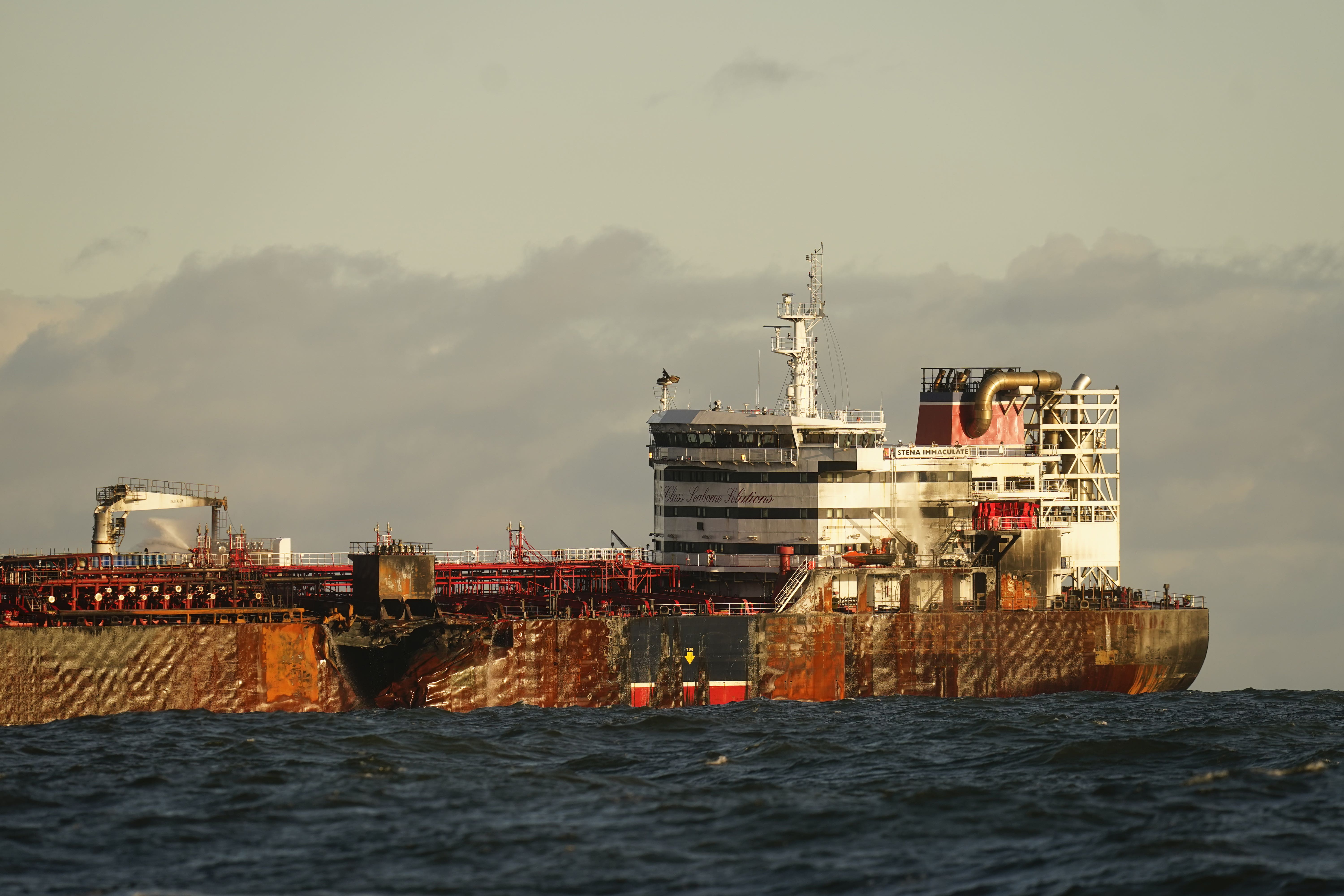 The US oil tanker MV Stena Immaculate which was struck by the Solong container ship, in the Humber Estuary, off the east coast of Yorkshire (Danny Lawson/PA)