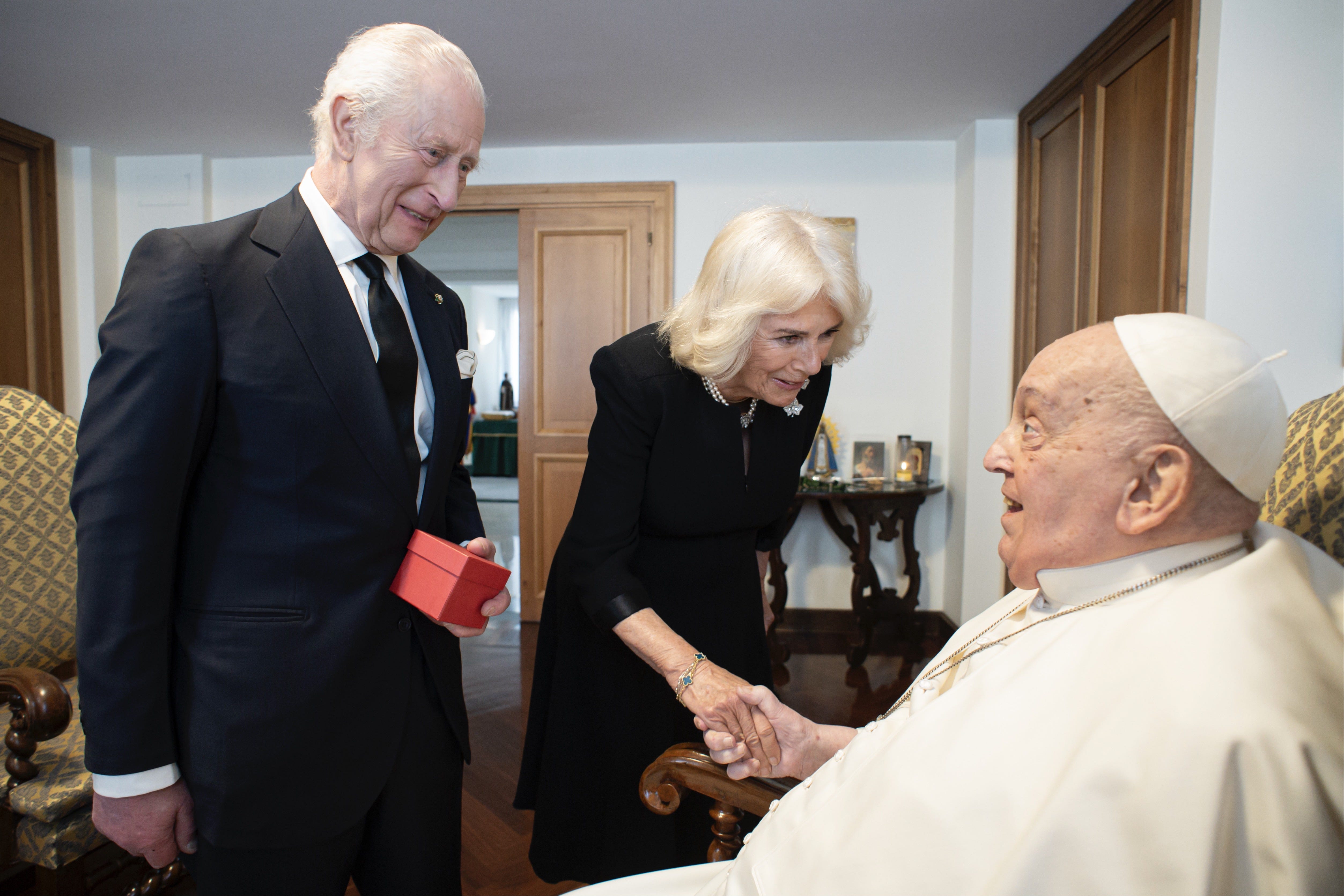The King and Queen during a private meeting with Pope Francis in Rome (The Vatican/PA)
