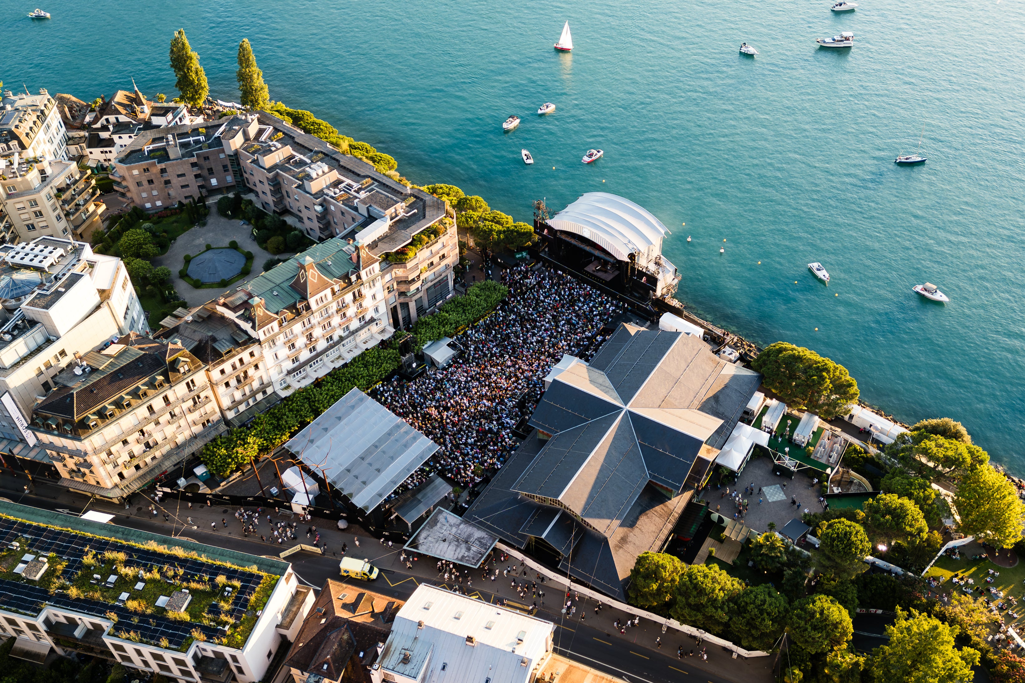 An overhead shot of Montreux, including the Lake Stage