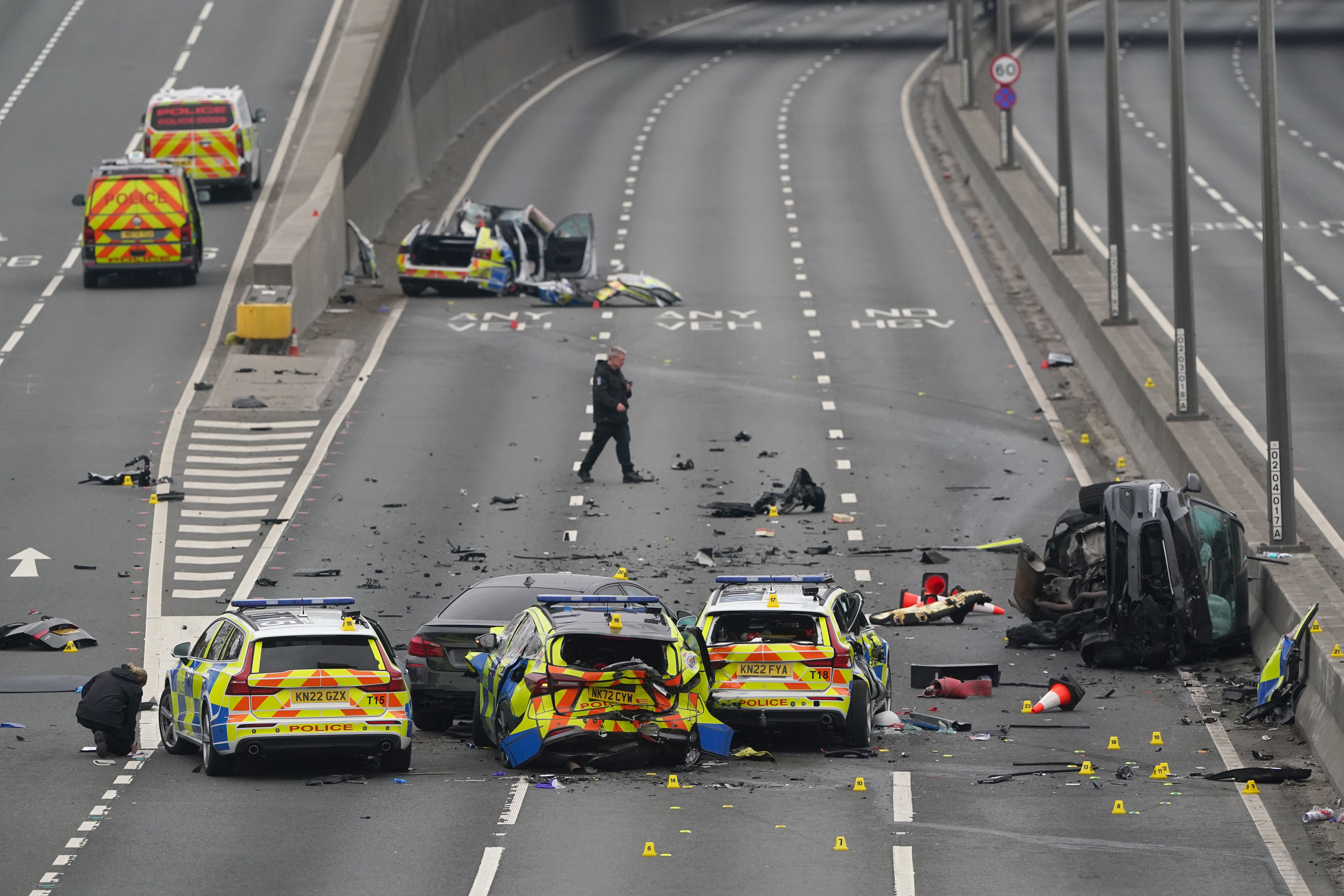 The crash on the A1 wrecked five police cars and left seven officers needing hospital treatment (Owen Humphreys/PA)