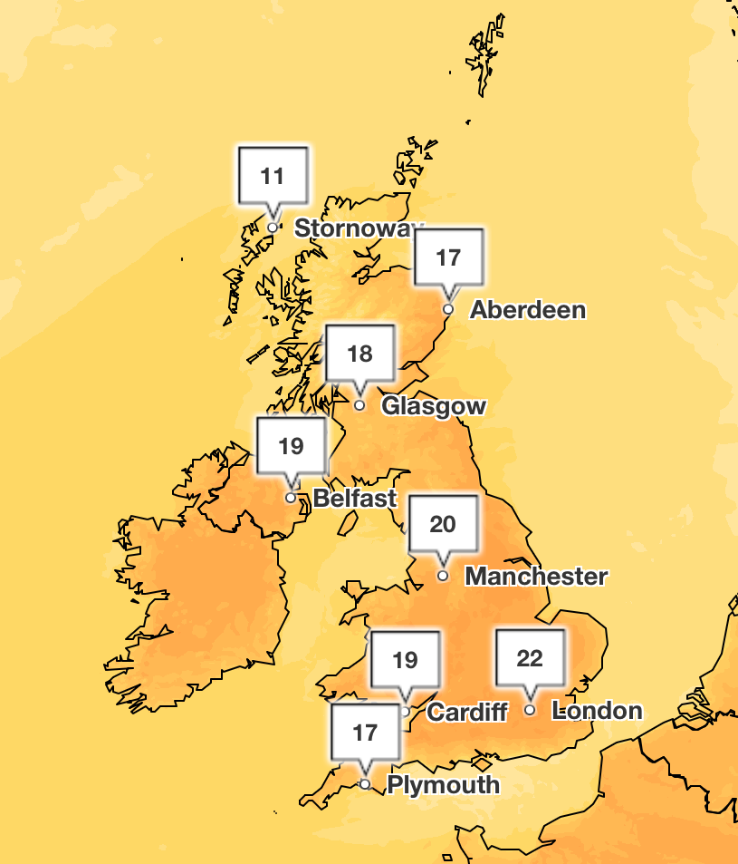 Temperatures will rise into the mid-twenties on Friday and could reach 24C at the highest