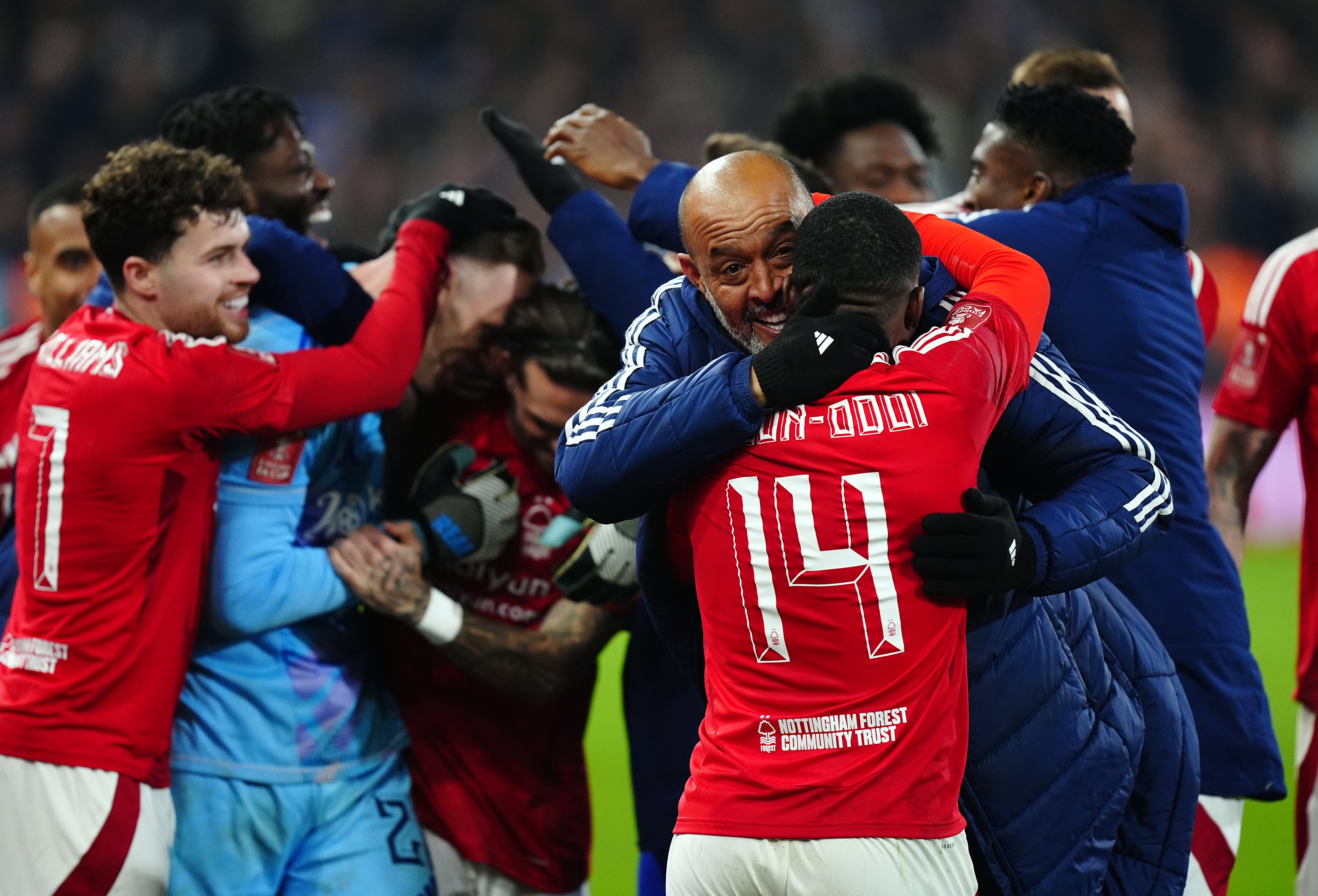 Manager Nuno Espirito Santo celebrates with his team during the Emirates FA Cup fifth round match in March