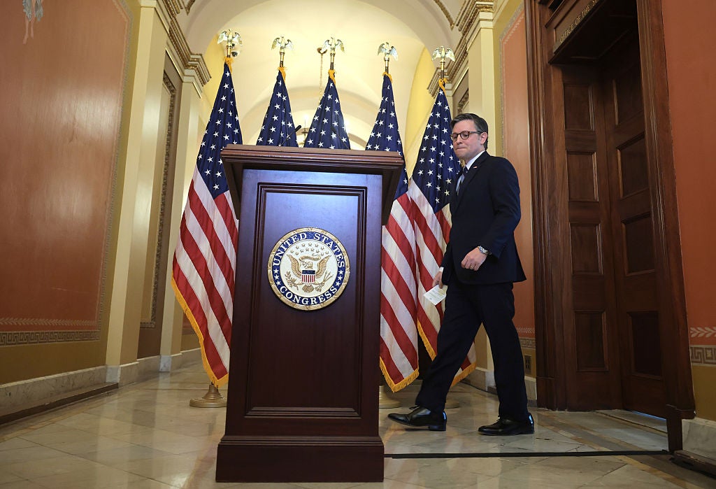 Speaker Mike Johnson arrives at a press conference on Thursday, April 10, 2025.