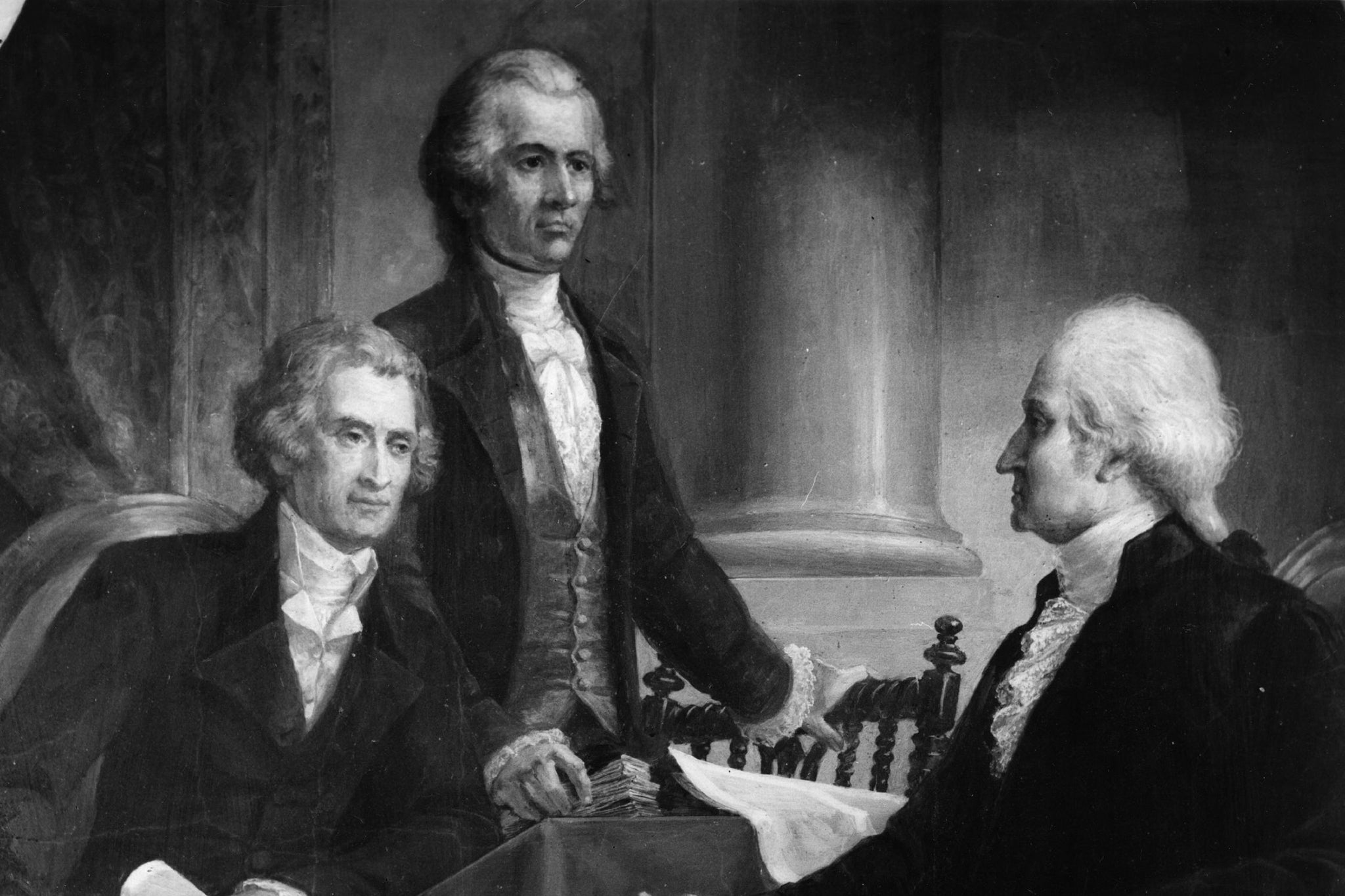 An illustration of George Washington, Thomas Jefferson (seated), and Alexander Hamilton, circa 1795