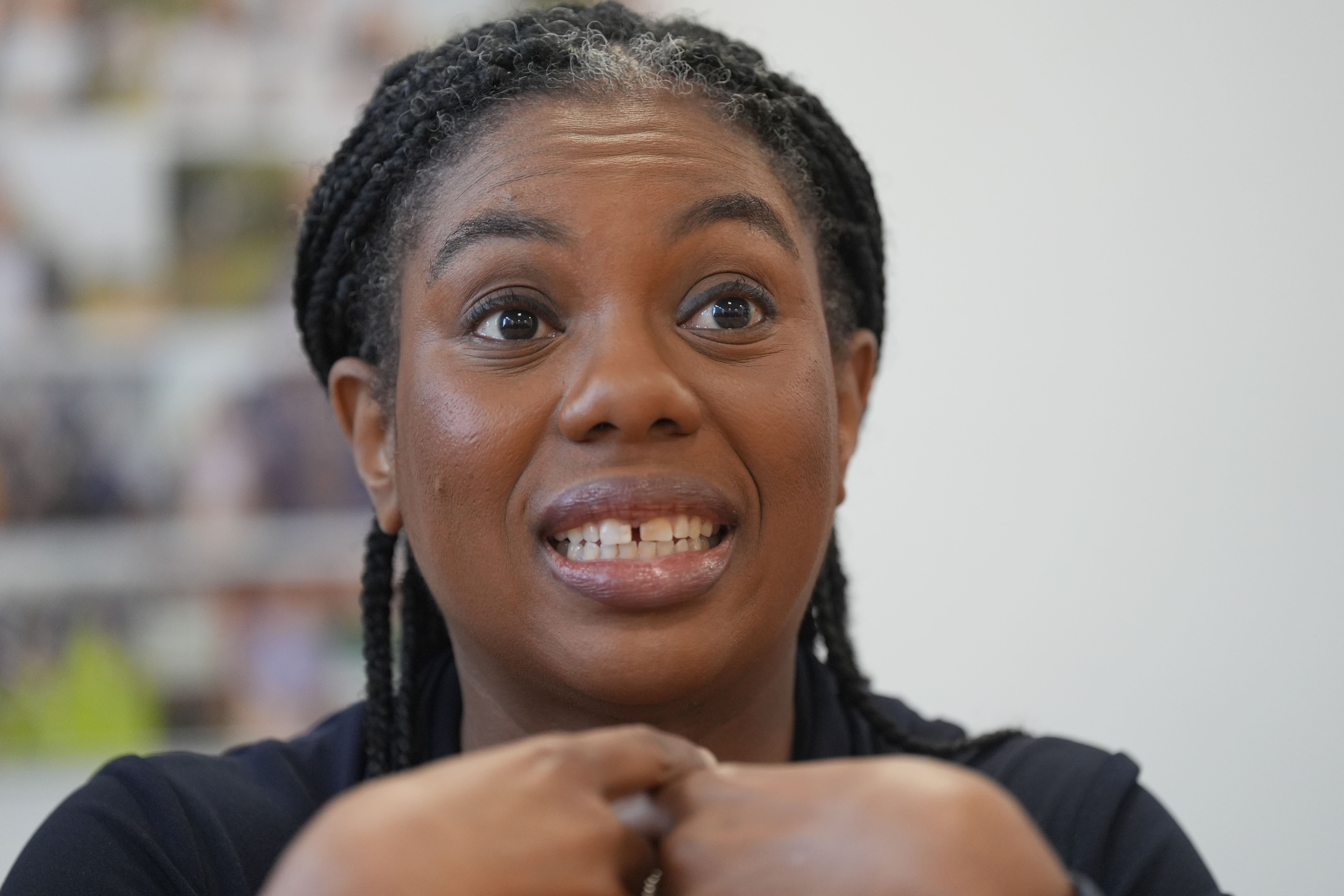 Conservative party leader Kemi Badenoch holding a Q&A session with sixth form students during her visit to Prince Henry’s High School in Evesham, Worcestershire, while on the local election campaign trail (Jacob King/PA)