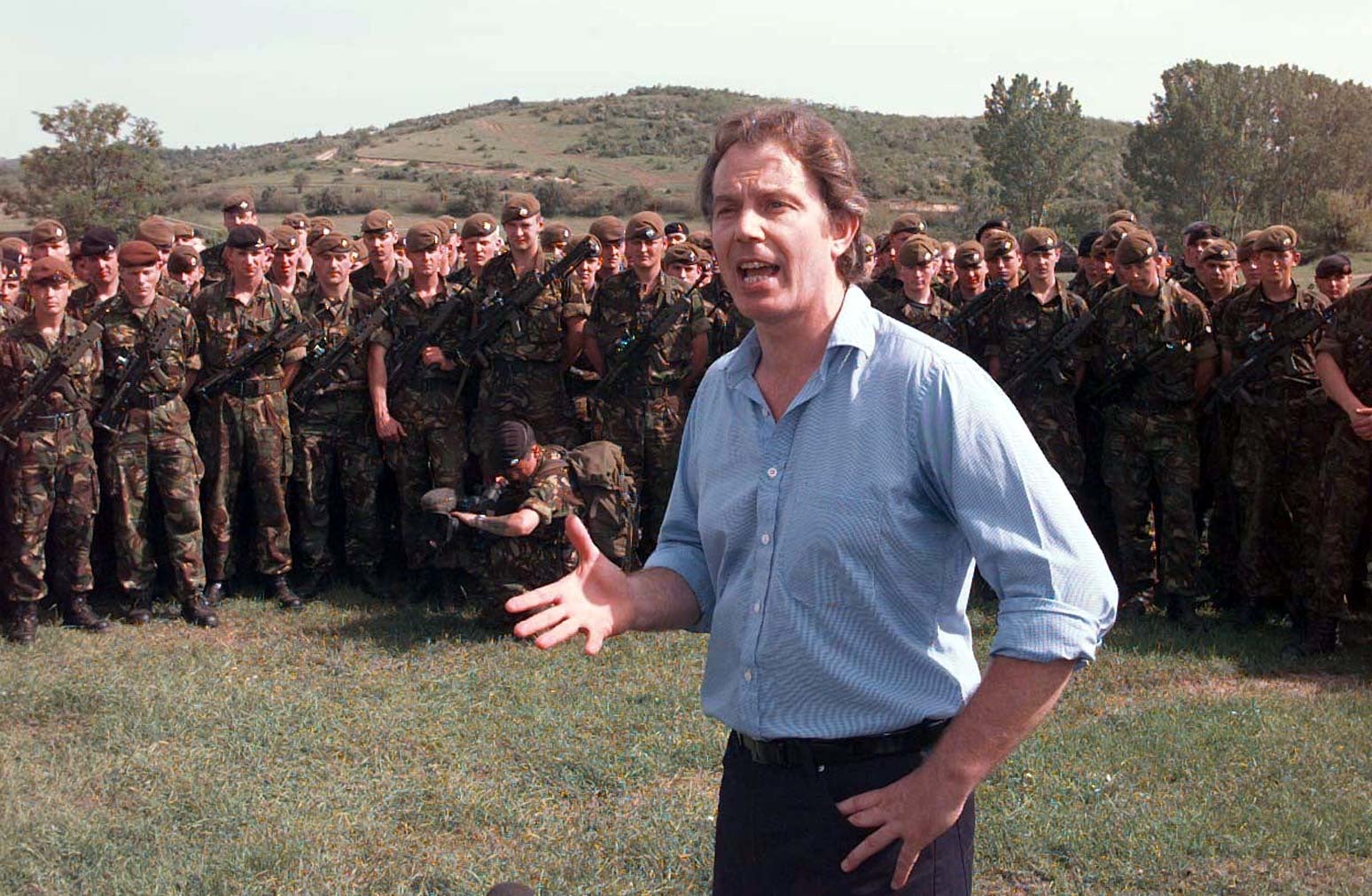 Blair addresses soldiers of the 4th Armoured Brigade at the British army HQ near Skopje in Macedonia in 1999