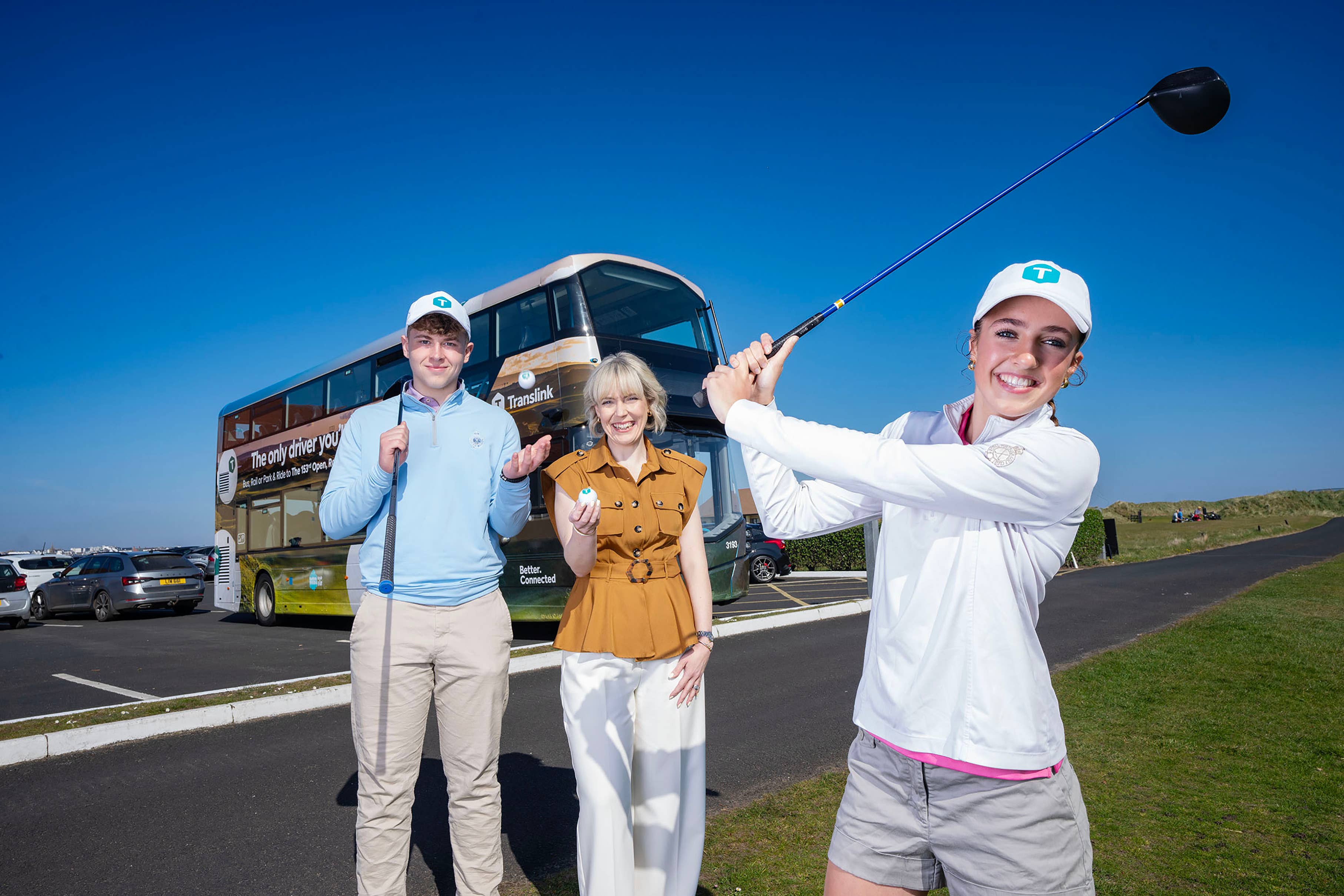 Translink’s Sarah Simpson joined golfers at Royal Portrush for the transport announcement (Brian Morrison/PA)