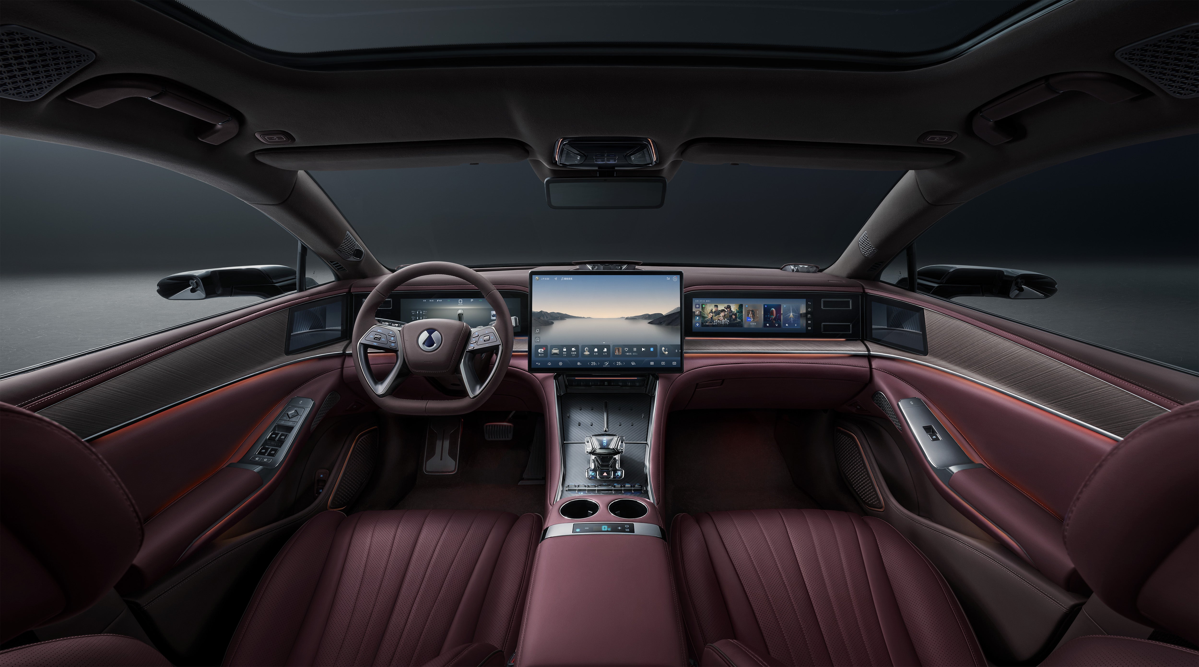 The Denza Z9GT interior blends technology with traditional wood and leather