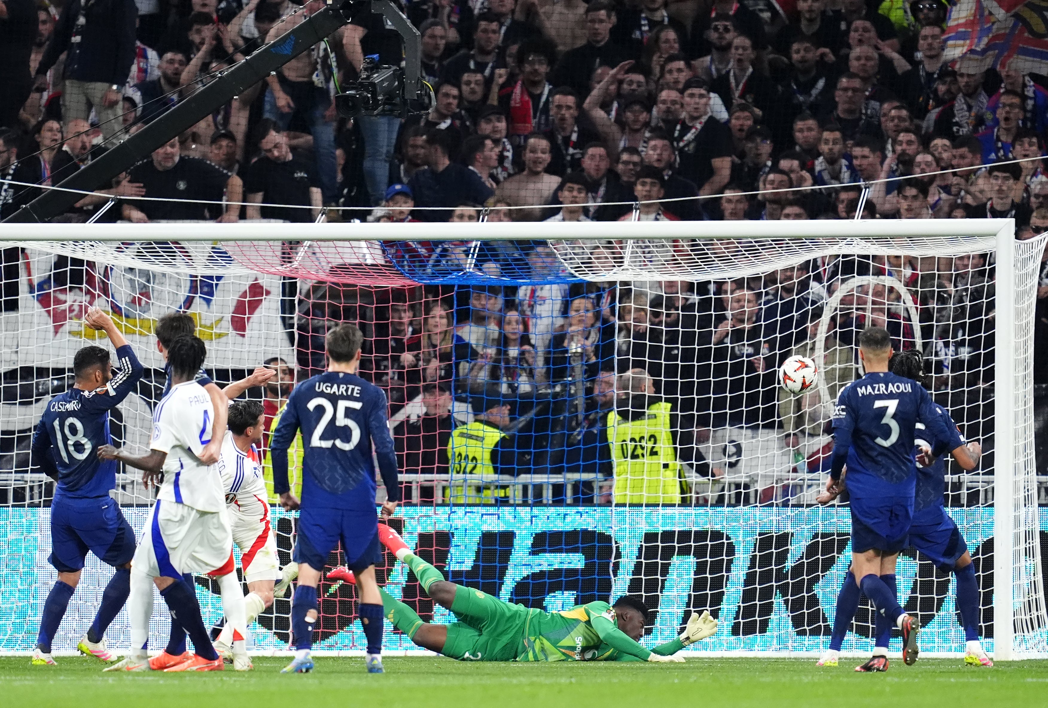 Onana’s mistake helped Lyon take the lead from Thiago Almada’s free kick