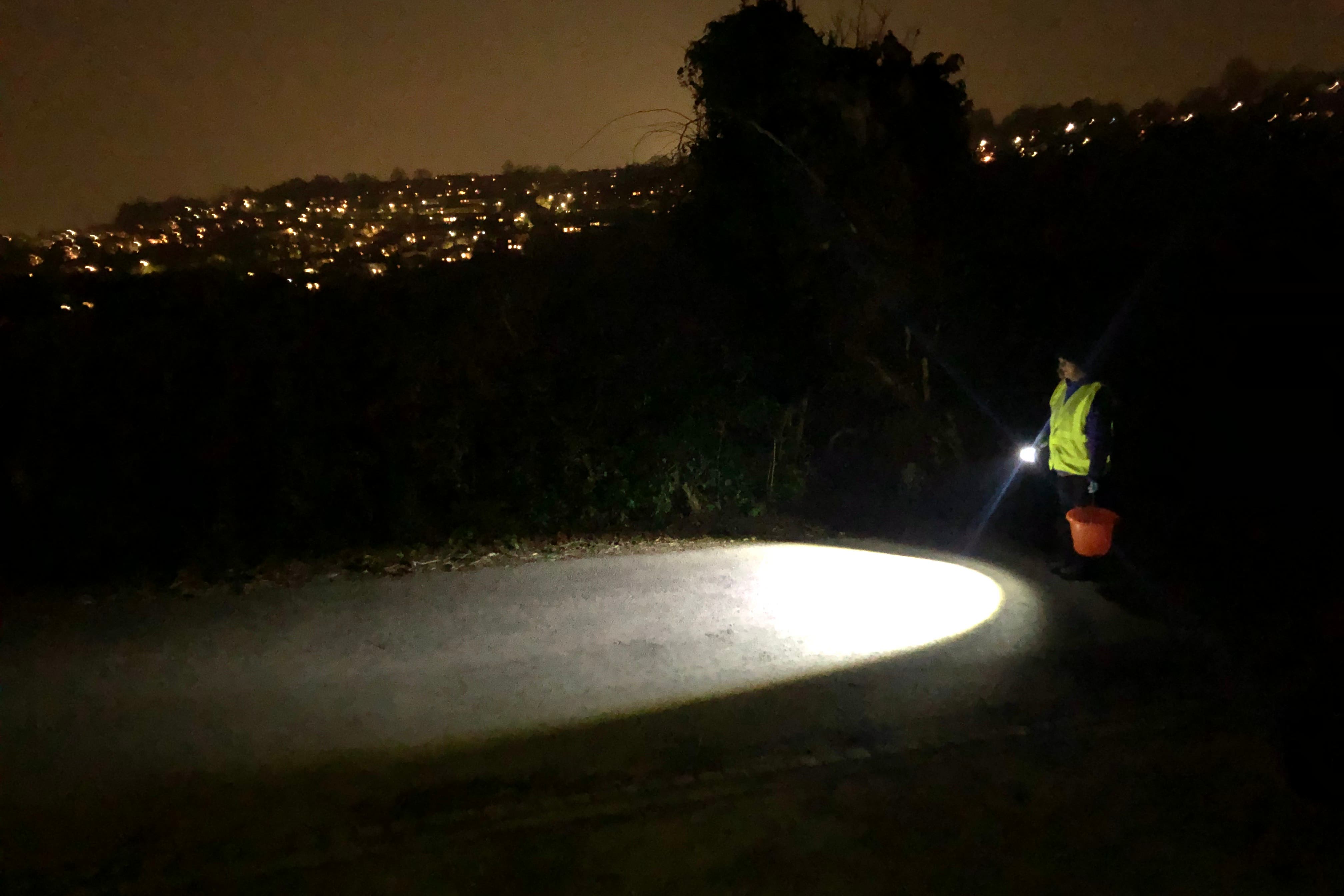A patroller walking along Charlcombe Lane during this year’s migration season (Charlcombe Toad Rescue Group/PA)