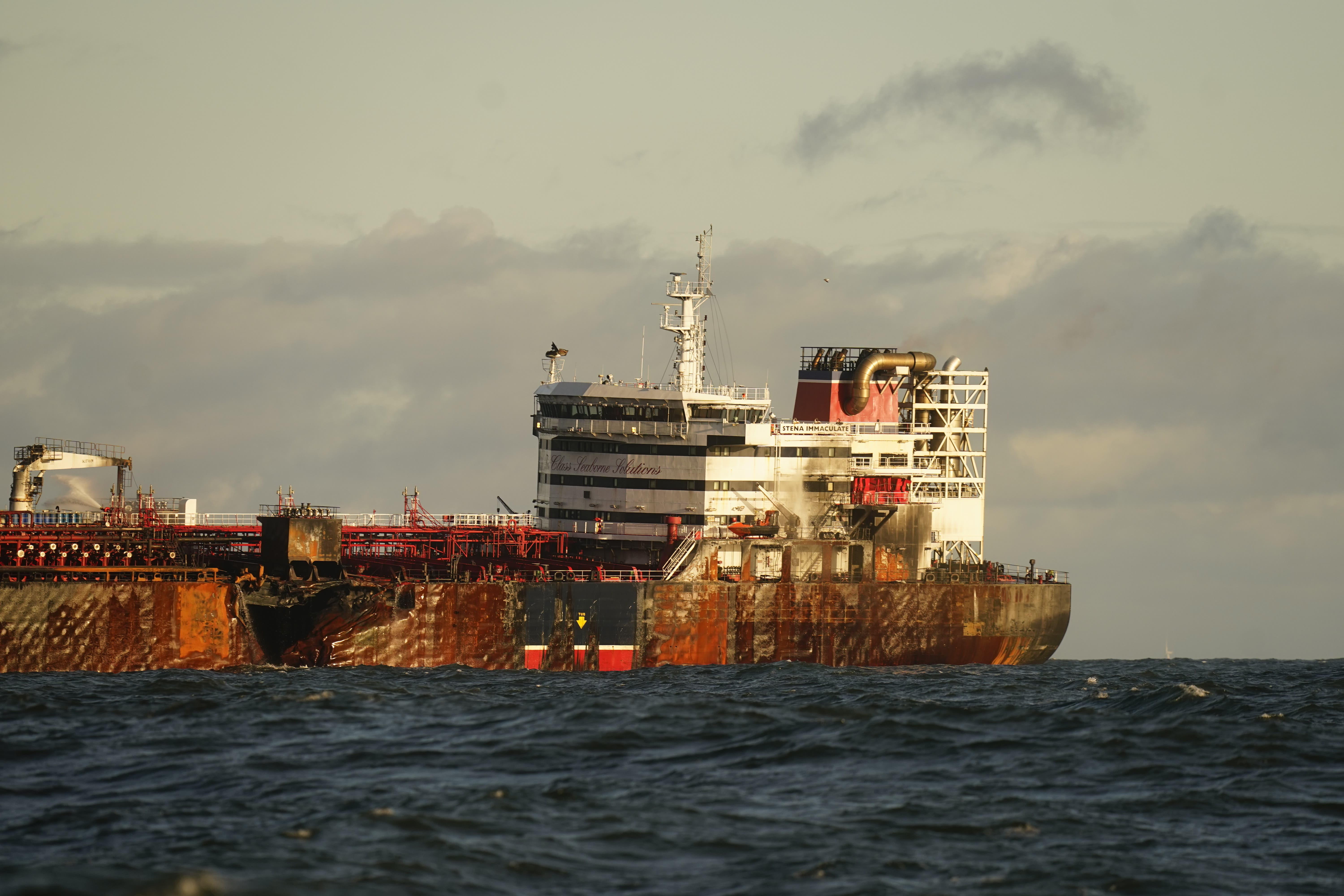The US oil tanker MV Stena Immaculate which was struck by the Solong container ship, in the Humber Estuary, off the east coast of Yorkshire (Danny Lawson/PA)