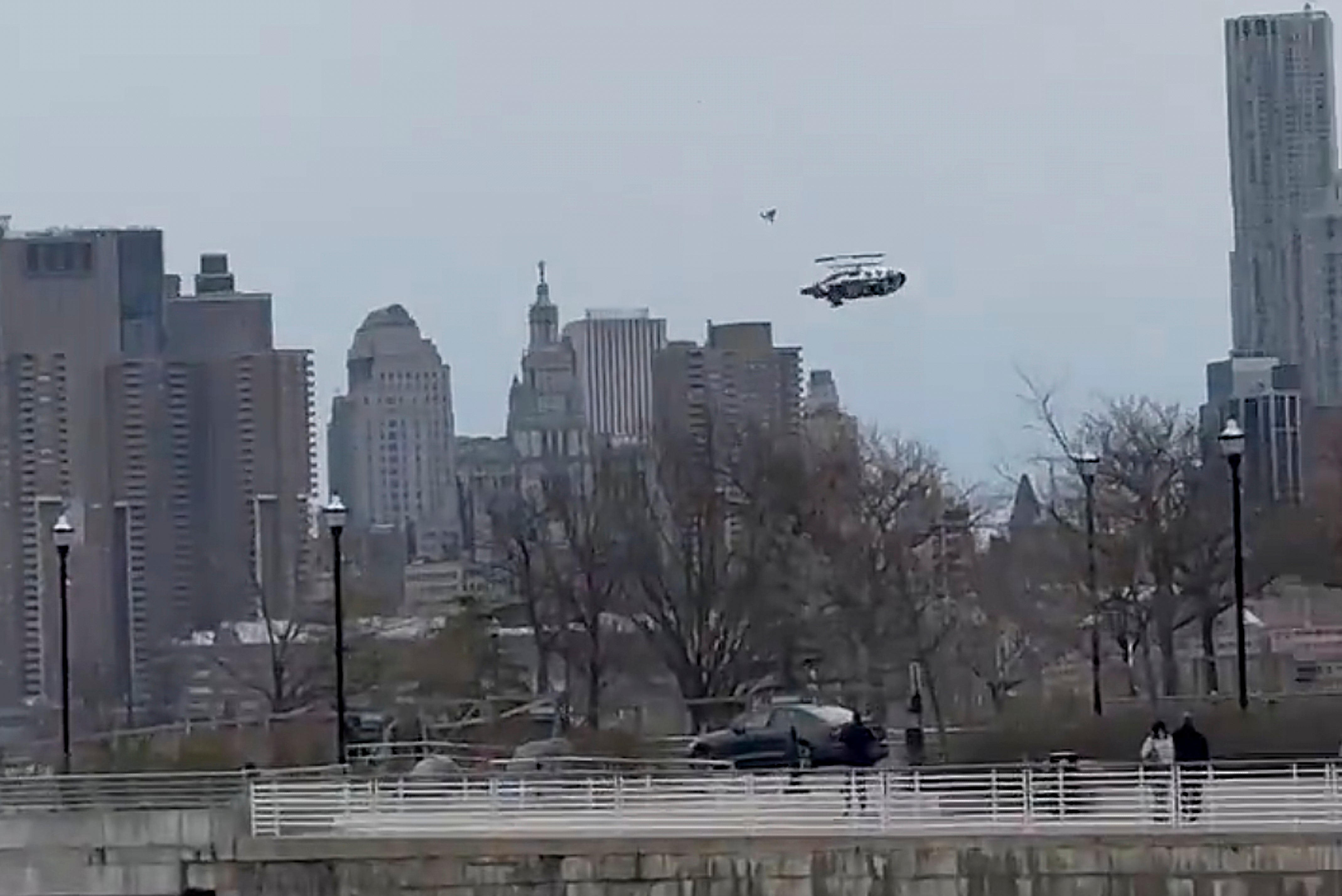 The helicopter fell from the sky into the river