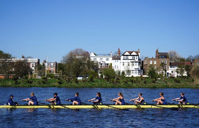 <p>The Oxford University women's boat team during a training session on the River Thames last week  </p>