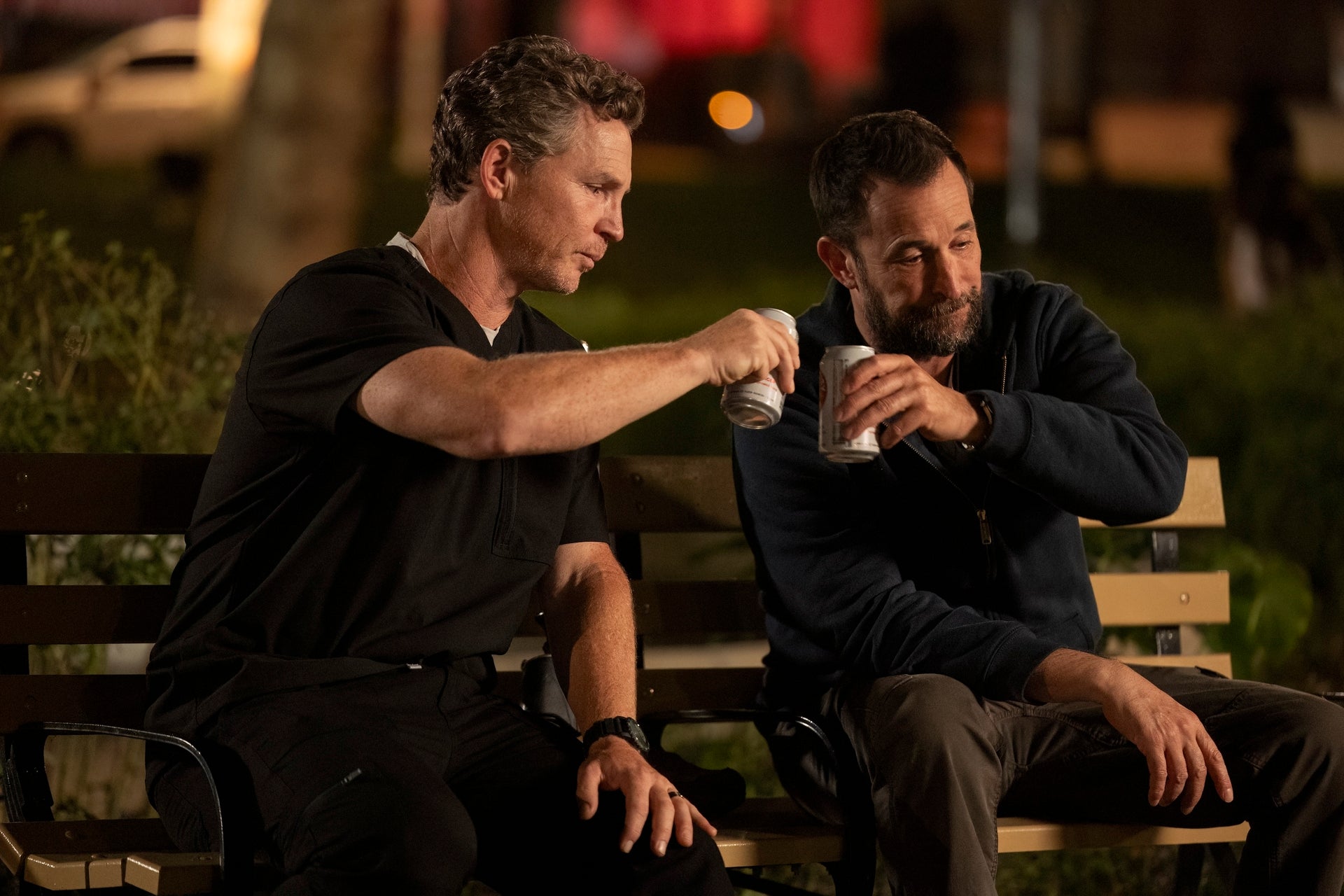 Shawn Hatosy (left) as Dr. Abbott and Noah Wyle as Dr. Robby on 'The Pitt'