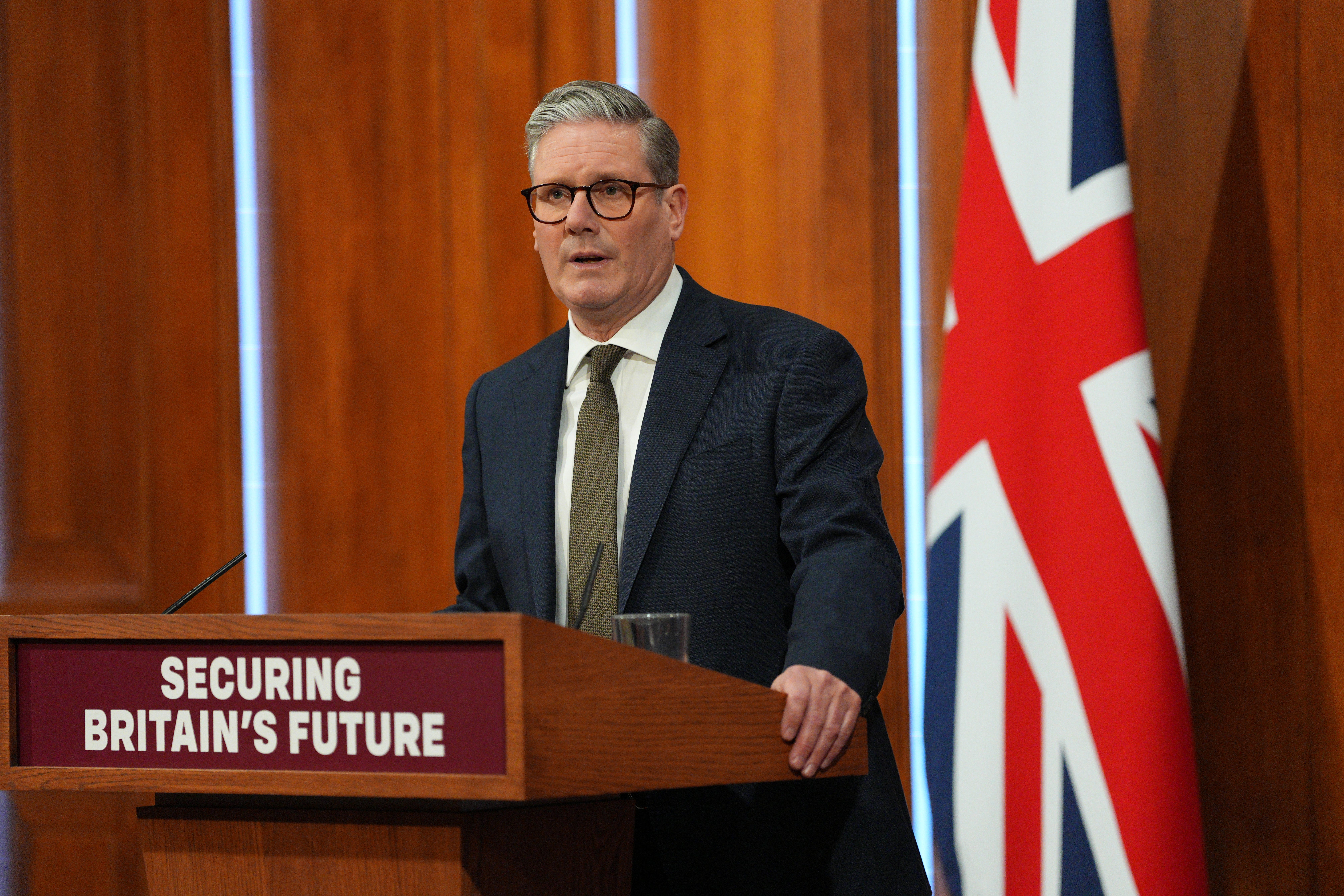 Prime Minister Sir Keir Starmer speaking during a press conference in the Downing Street briefing room about British Steel (Carl Court/PA)