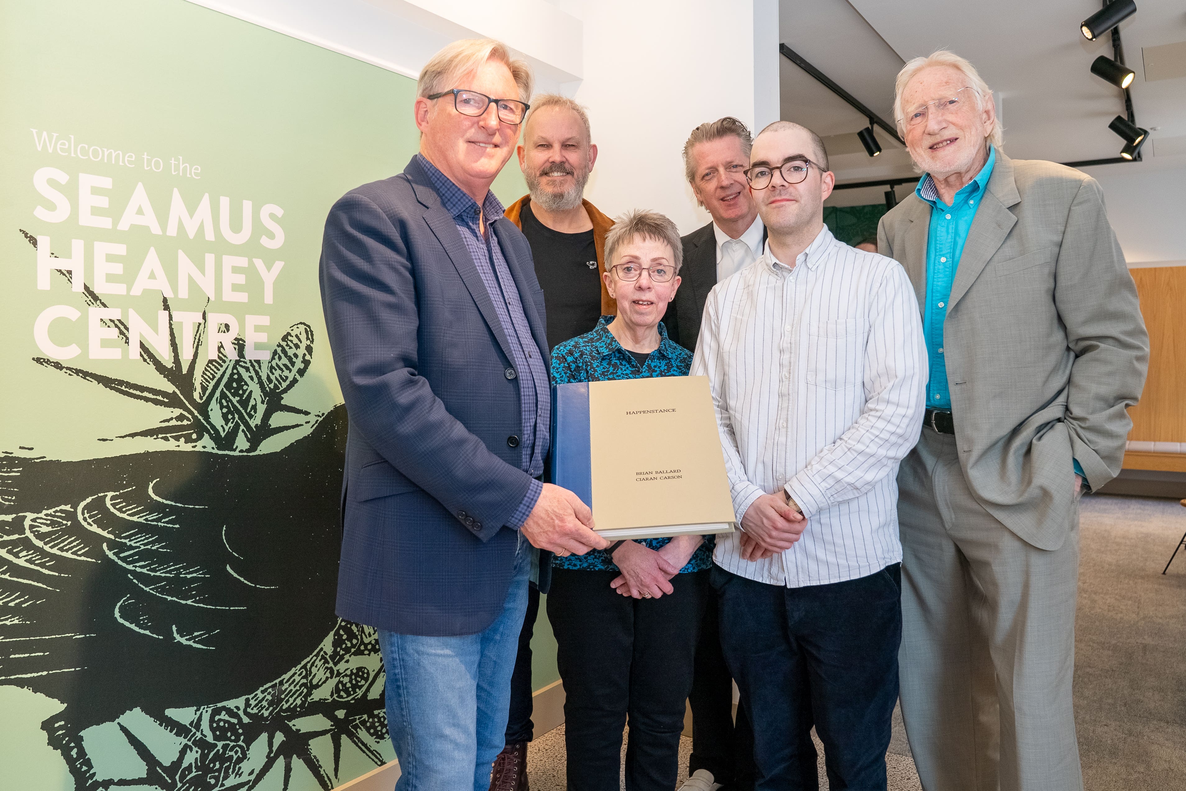 Adrian Dunbar, Michael O’Neill from Armchair & Rocket, Deirdre Carson, Professor Glenn Patterson, director of the Seamus Heaney Centre at Queen’s, Gerard Carson and Brian Ballard (QUB/PA)