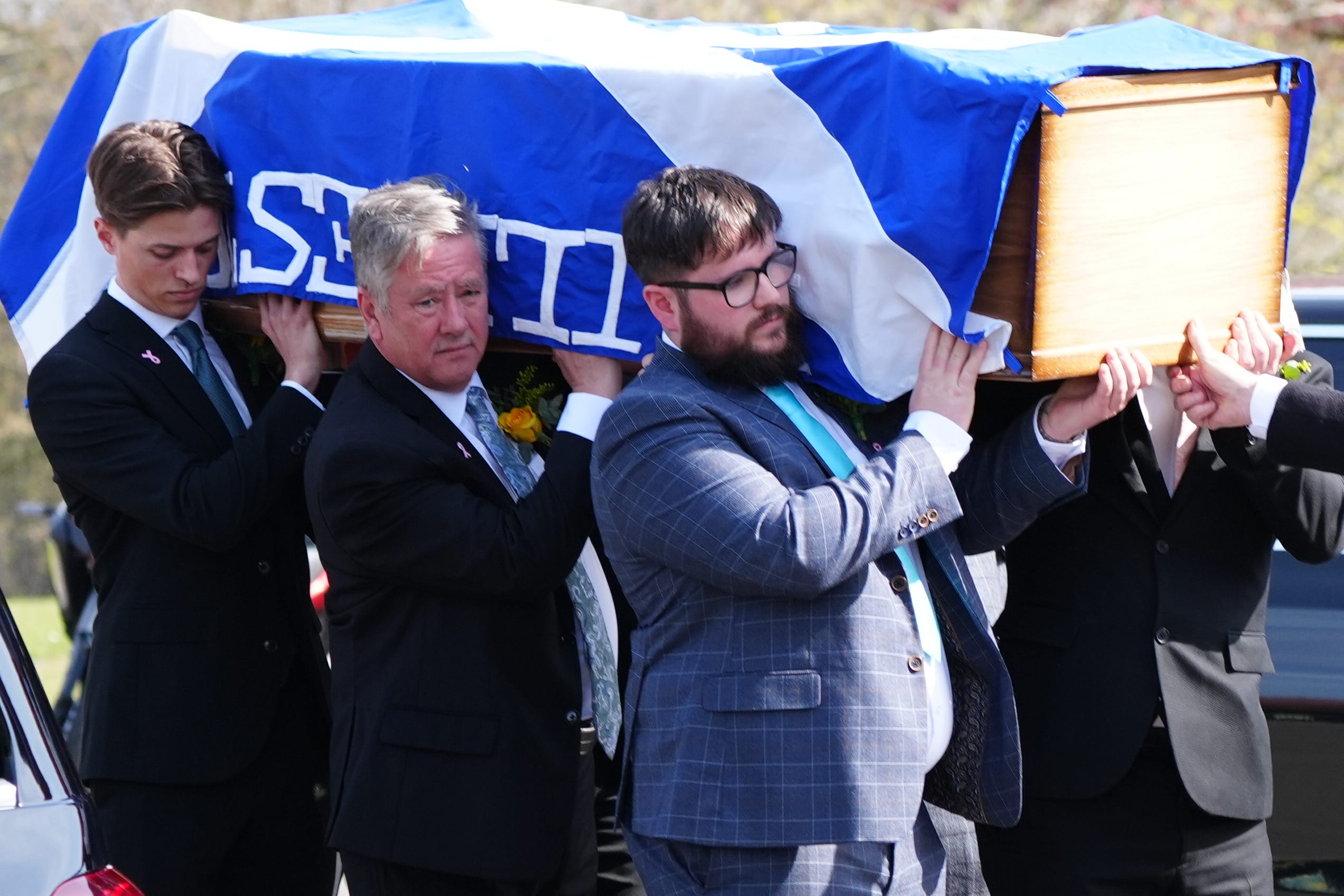 Keith Brown MSP (centre) carries the coffin at the funeral of his partner and Scottish Government minister Christina McKelvie at Daldowie crematorium in Glasgow (Jane Barlow/PA)