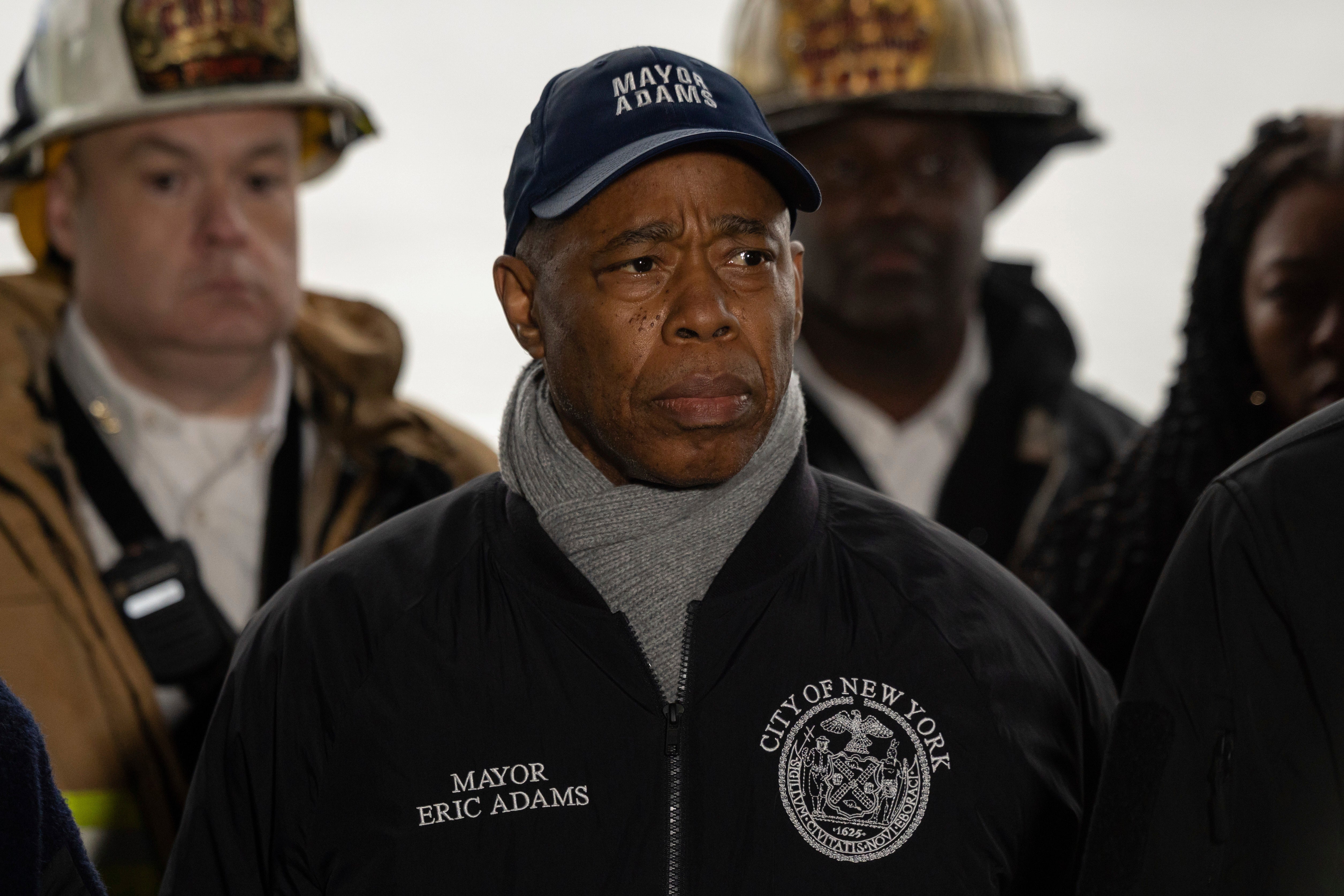 New York City Mayor Eric Adams attends a press conference at Pier 40 on Thursday