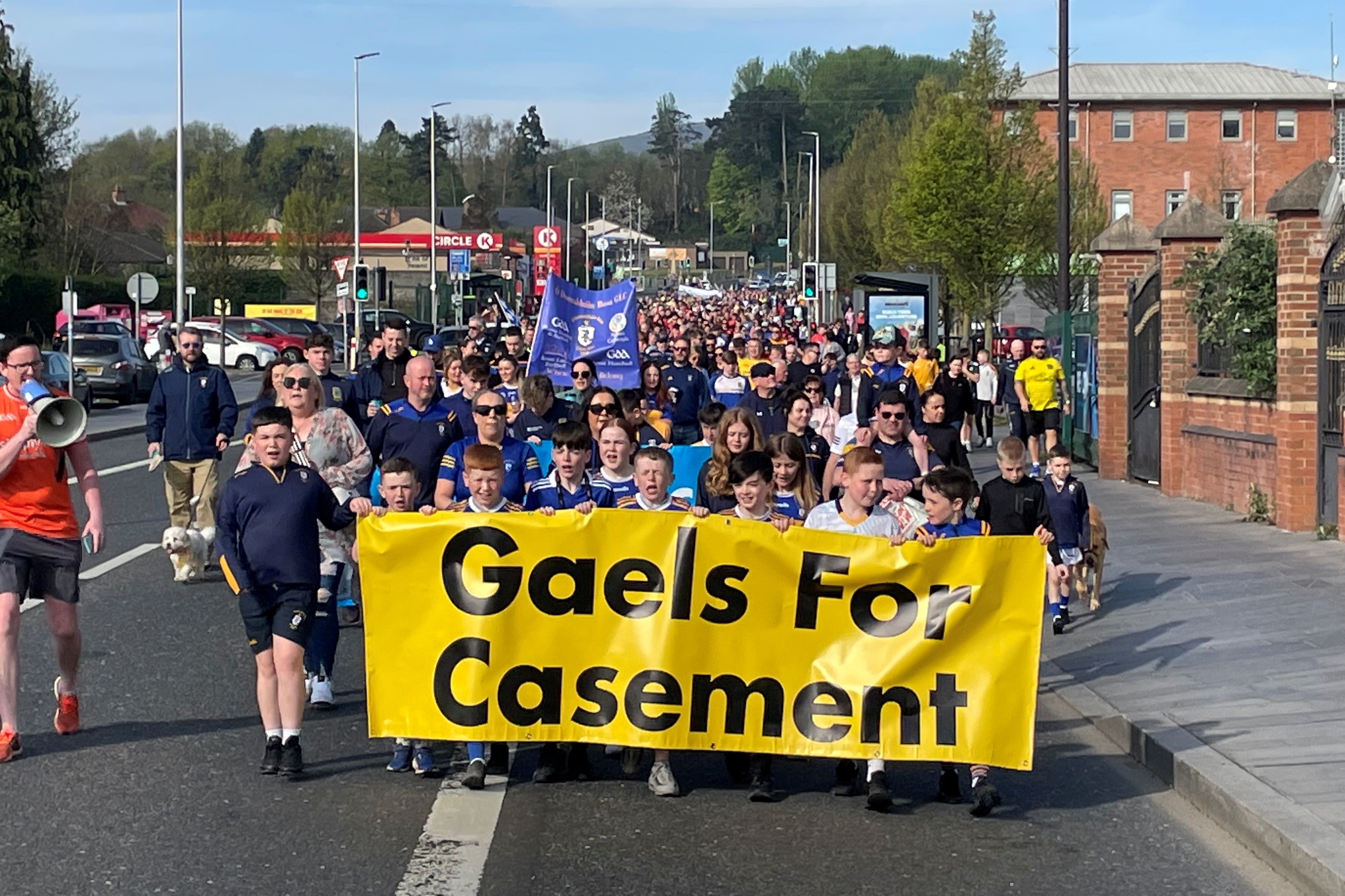 Thousands of gaelic games players and supporters have marched to the derelict Casement Park stadium in Belfast to demand its redevelopment (David Young/PA)
