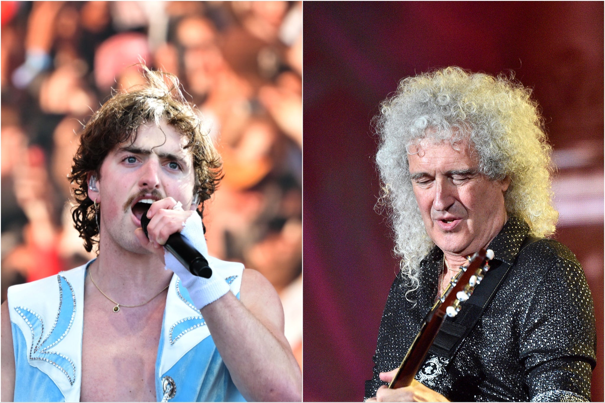 Benson Boone (left) brought out Queen guitarist Brian May for a special performance of ‘Bohemian Rhapsody’ at Coachella 2025
