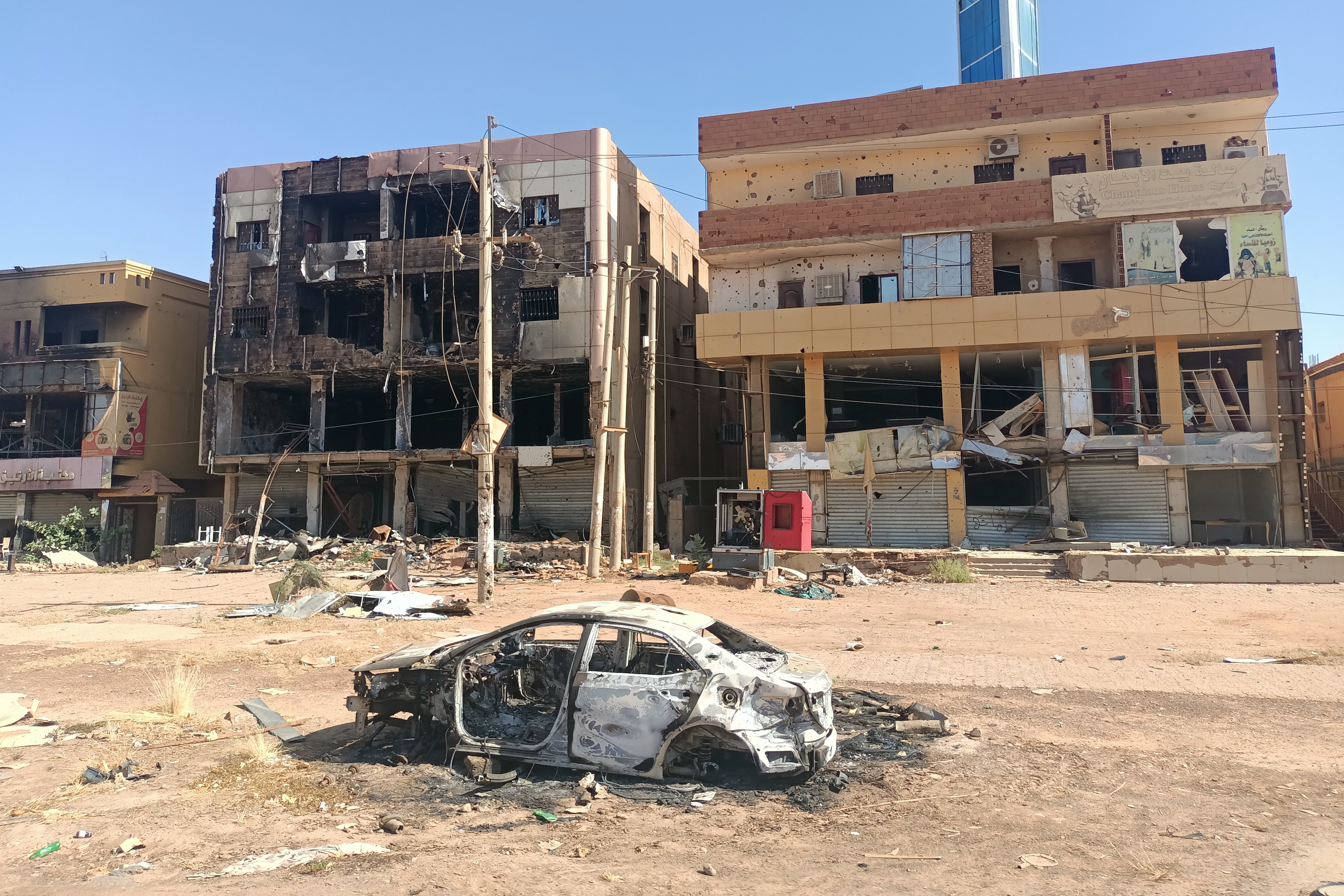 A picture shows damaged buildings in a southern neighbourhood of Khartoum