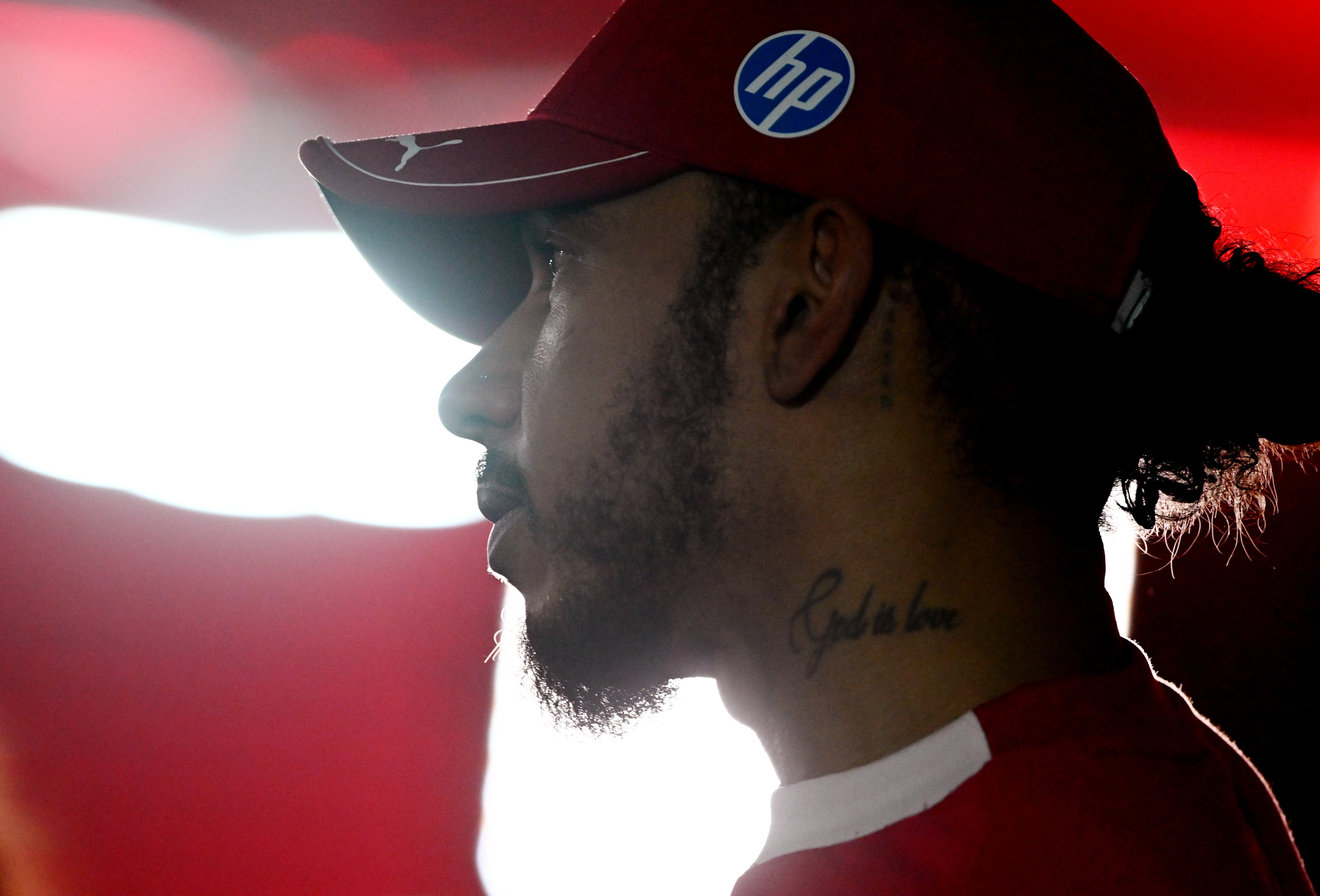 Ninth placed qualifier Lewis Hamilton of Ferrari looks on during qualifying ahead of the F1 Grand Prix of Bahrain at Bahrain International Circuit on April 12, 2025 in Bahrain