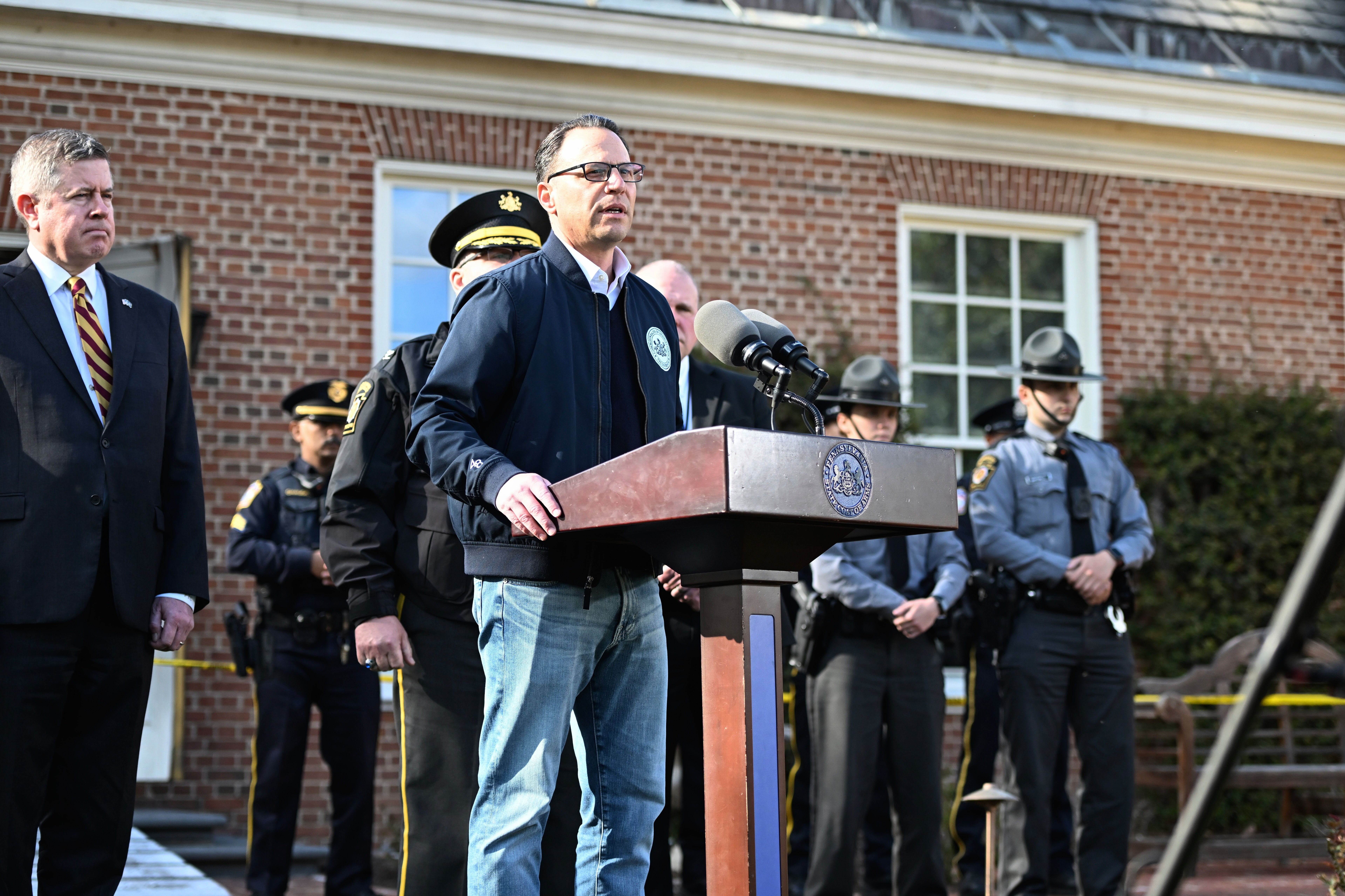 Pennsylvania Gov. Josh Shapiro speaks during a news conference at the governor's official residence about a suspected arson fire that forced him, his family and guests to flee in the middle of the night on the Jewish holiday of Passover, Sunday, April 13, 2025, in Harrisburg, Pa. (AP Photo/Marc Levy)