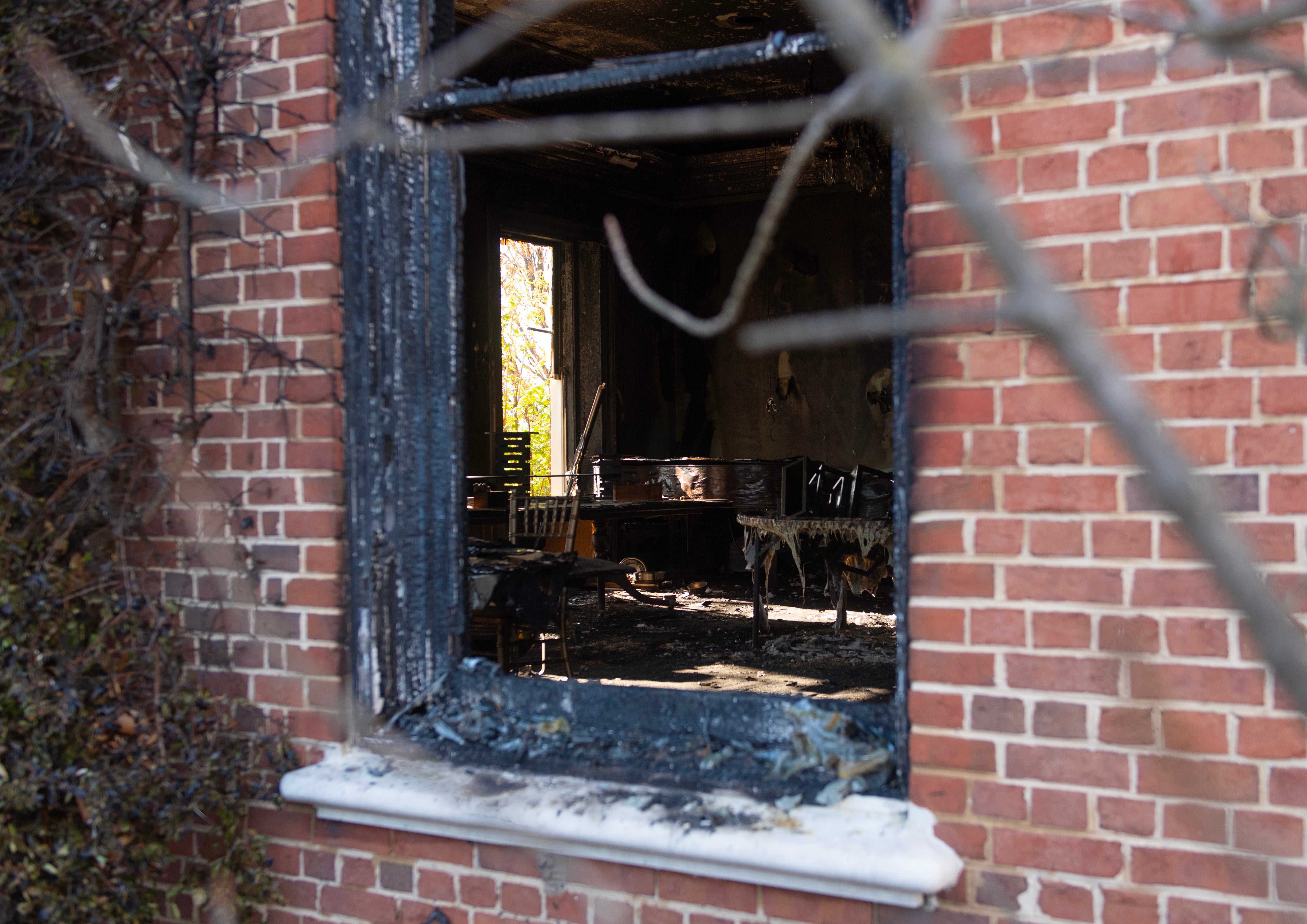 Extensive fire damage to the Pennsylvania Governor's Mansion and Gov. Josh Shapiro's residence is seen during a press conference on April 13, 2025 in Harrisburg, Pennsylvania