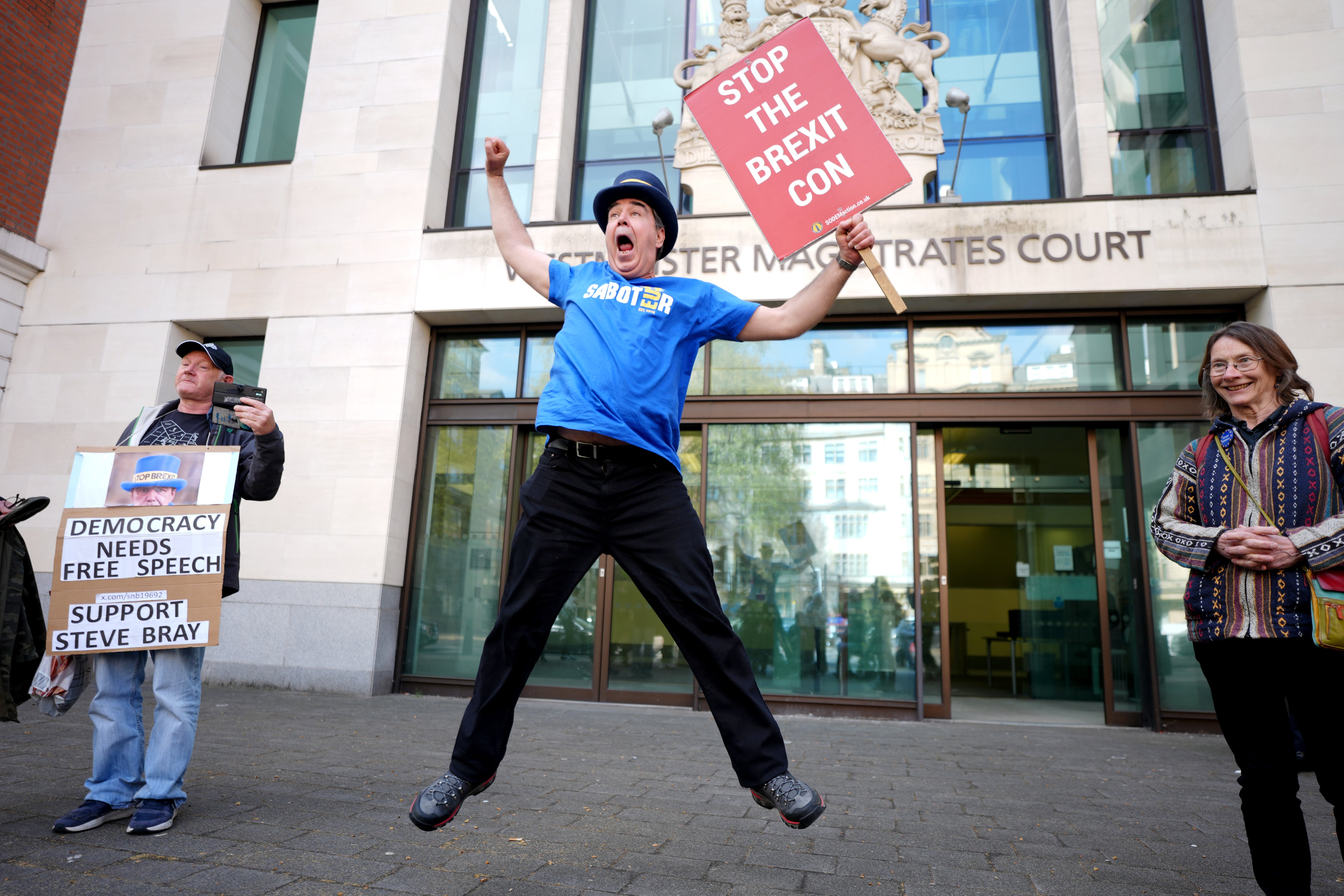 The anti-Brexit protester celebrated outside Westminster Magistrates’ Court on Monday