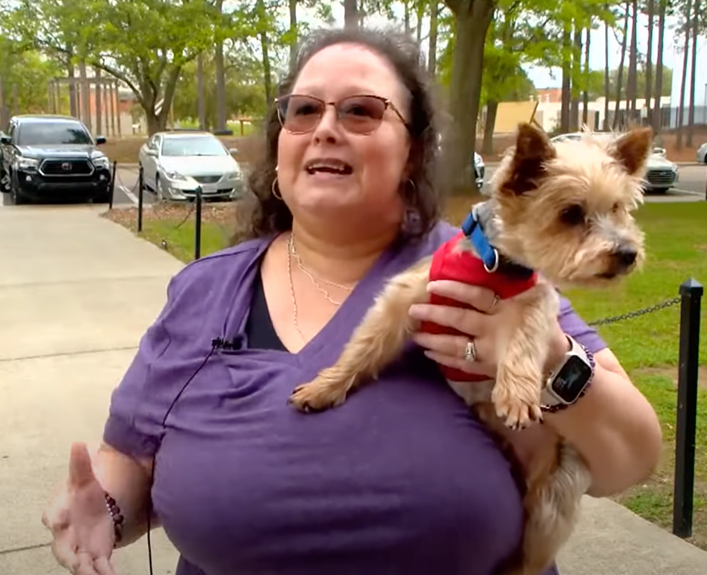Debbie LaFleur and her dog, Kingston, moments after they were reunited by members of the Kappa Sigma fraternity on the University of Southern Mississippi campus in Hattiesburg. Kingston disappeared five years ago in the aftermath of Hurricane Laura, and traveled approximately 300 miles from his home in Lake Charles, Louisiana to reach the campus.
