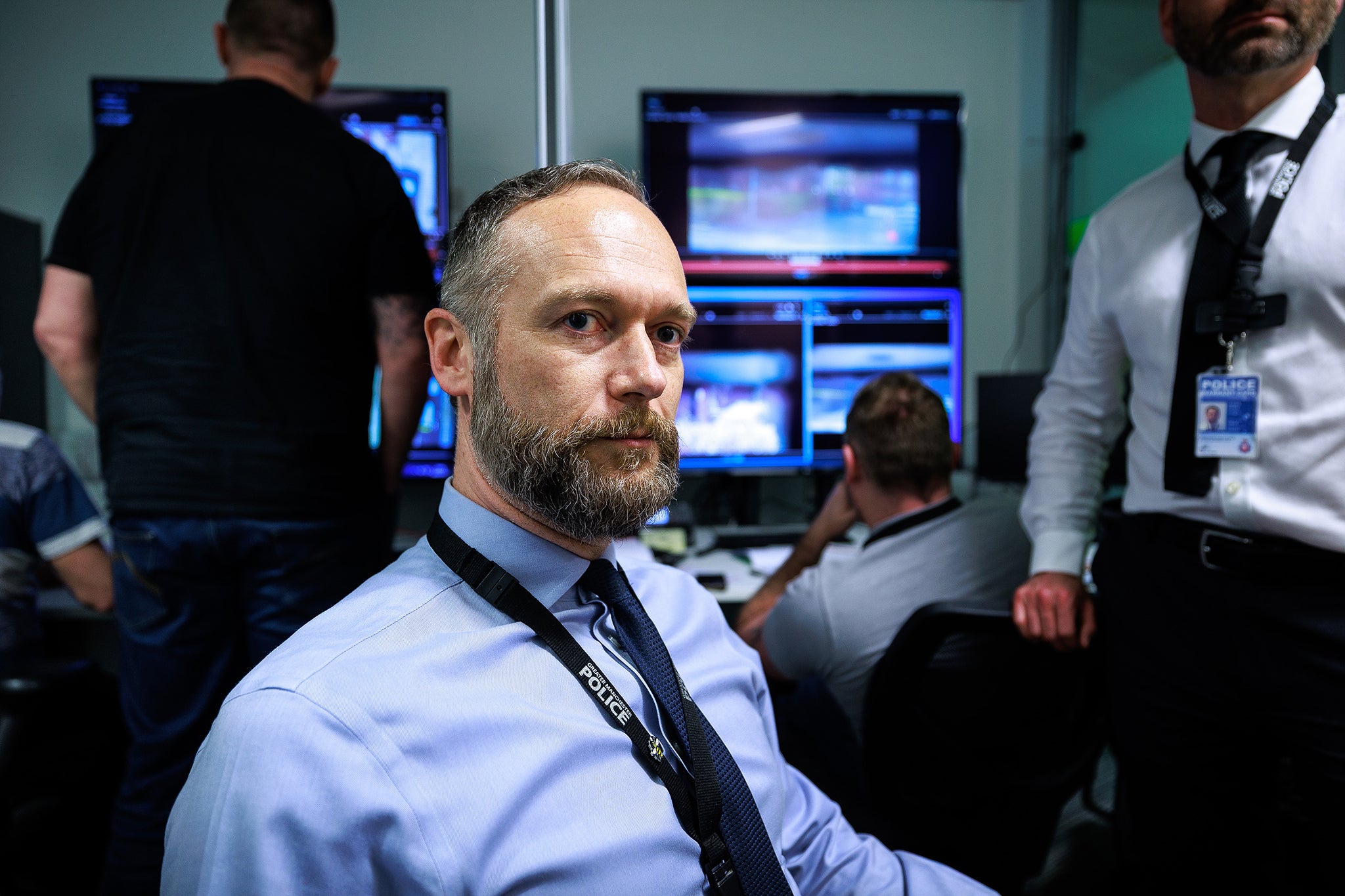 Detective Superintendent Joseph Harrop inside the observation room, where a specialist manhunt team track Manchester’s most dangerous fugitives
