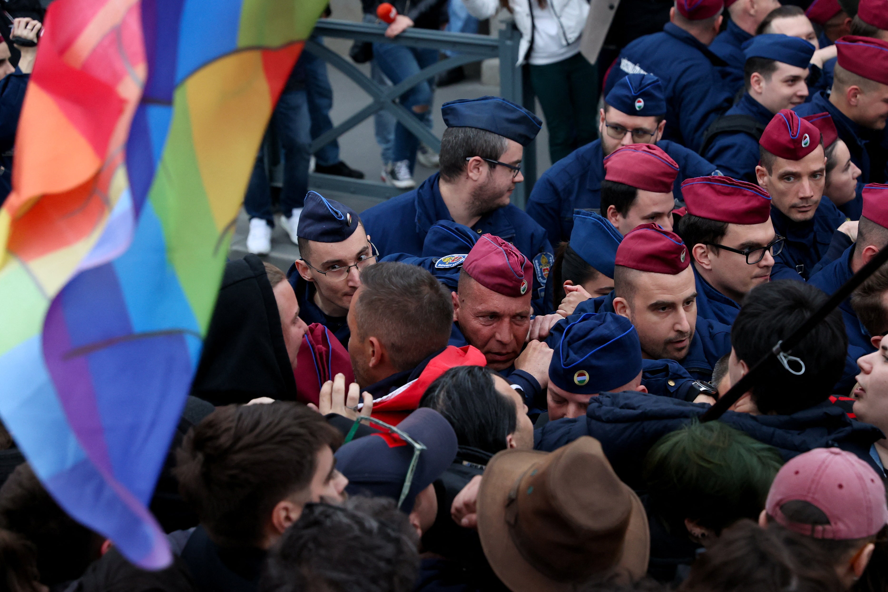 Police block protesters in Budapest after Hungary’s parliament voted on constitutional amendments targeting the LGBT+ community
