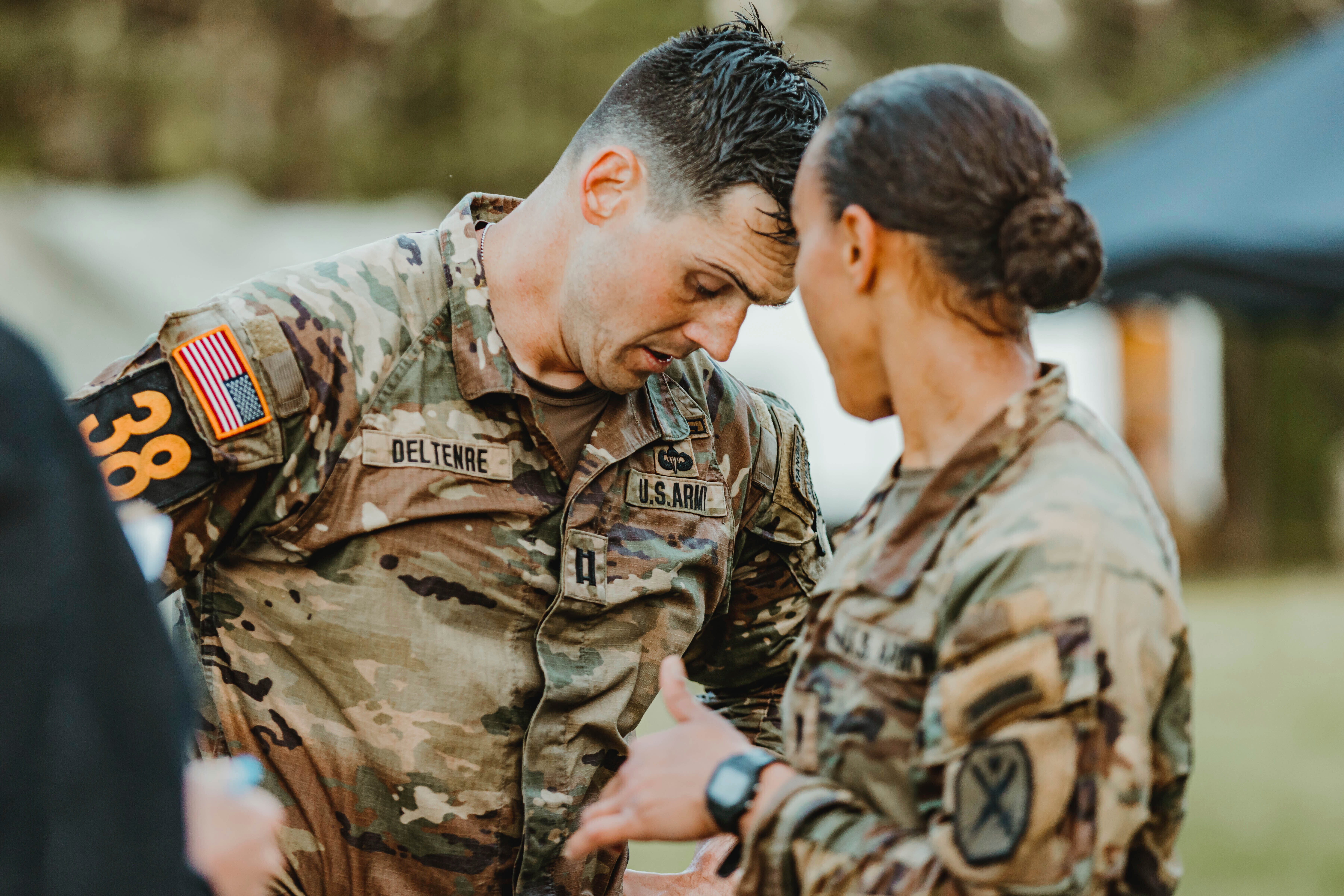 This image provided by the U.S. Army shows Capt. Seth Deltenre, left, and 1st Lt. Gabrielle White, from the Maneuver Center of Excellence in Fort Benning, Ga., as they compete during the Malvesti obstacle course in the 2025 Best Ranger Competition, April 11, 2025, at Camp Rogers in Fort Benning. (Stephanie Snyder/U.S. Army via AP)