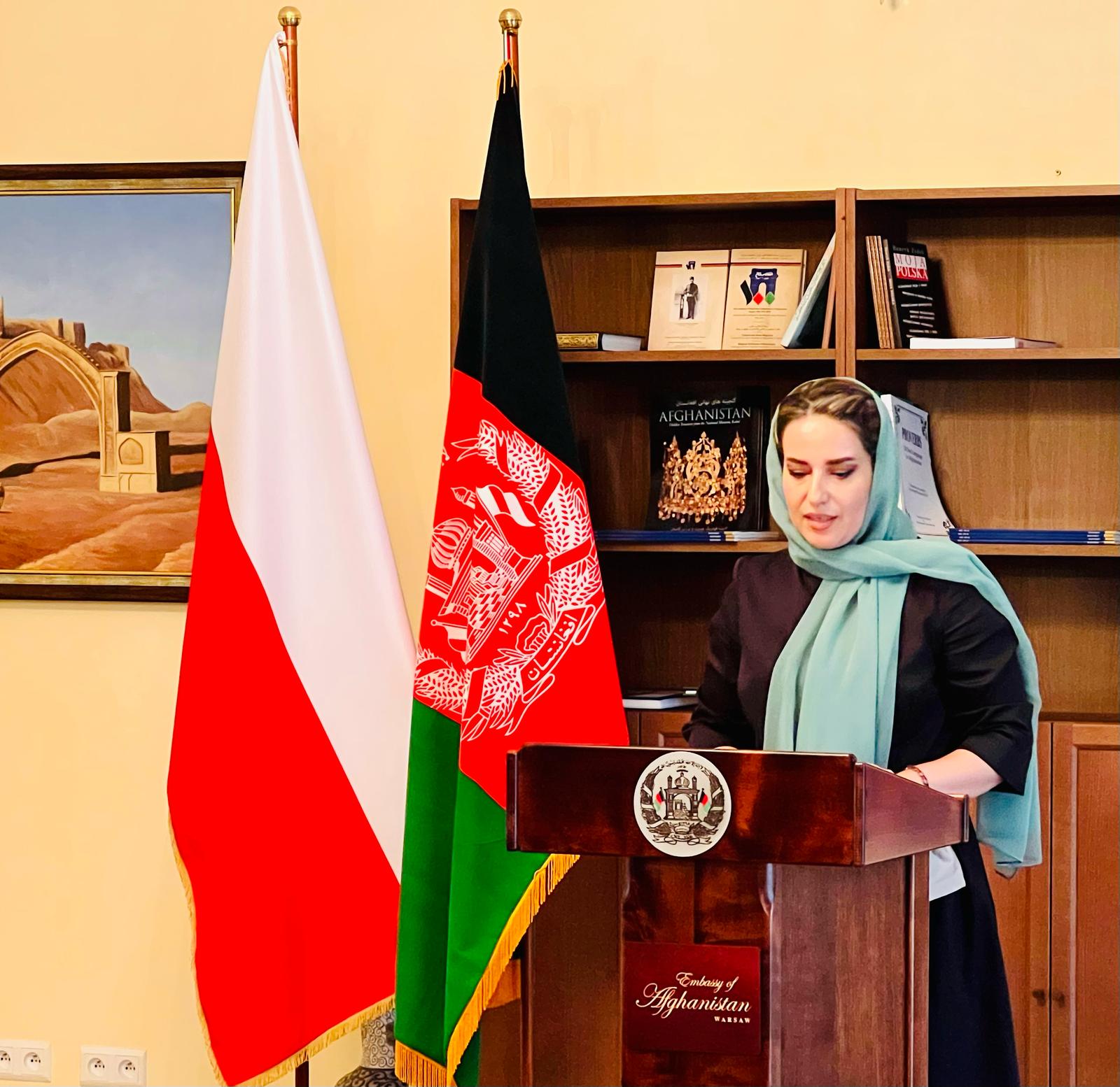 Nigara Mirdad, deputy head of mission at the Afghanistan embassy in Warsaw, speaks at an event in Poland