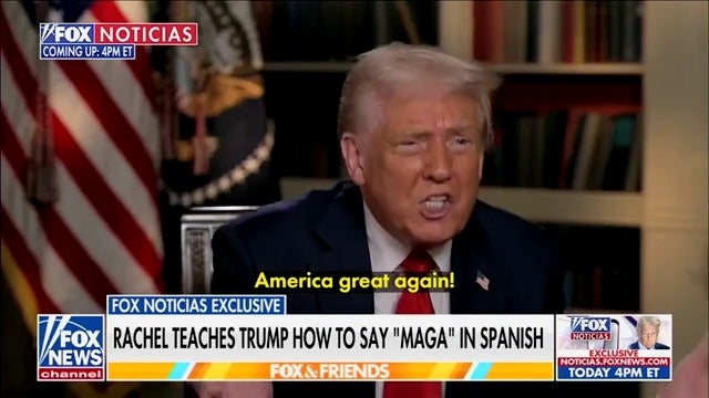 Fox News host Rachel Campos-Duffy attempts to teach Donald Trump how to say his slogan "Make America Great Again" in Spanish.