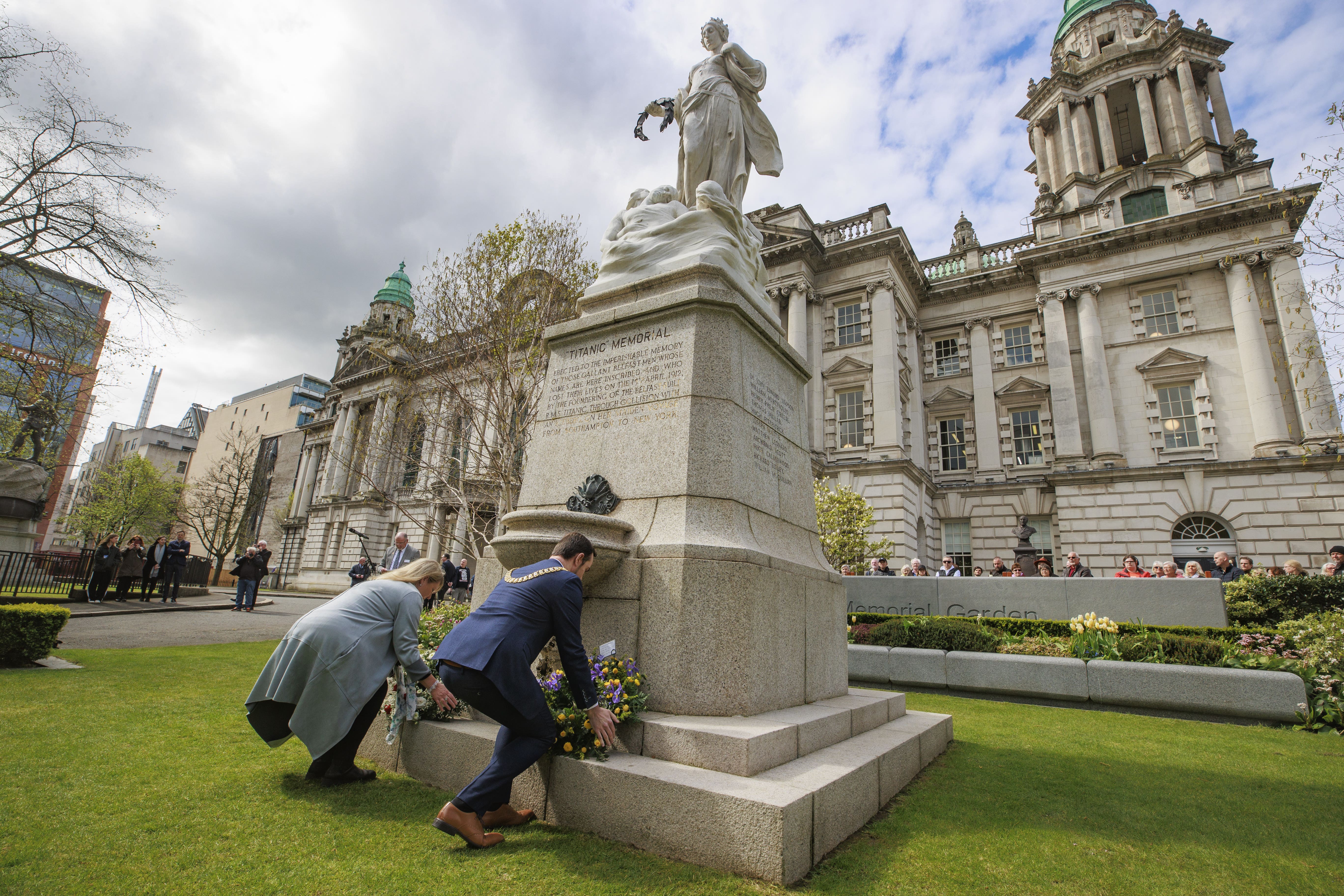 Lord mayor of Belfast, Councillor Micky Murray (right) and Susie Millar, president of the Belfast Titanic Society laying wreaths at the Titanic Memorial (Liam McBurney/PA)