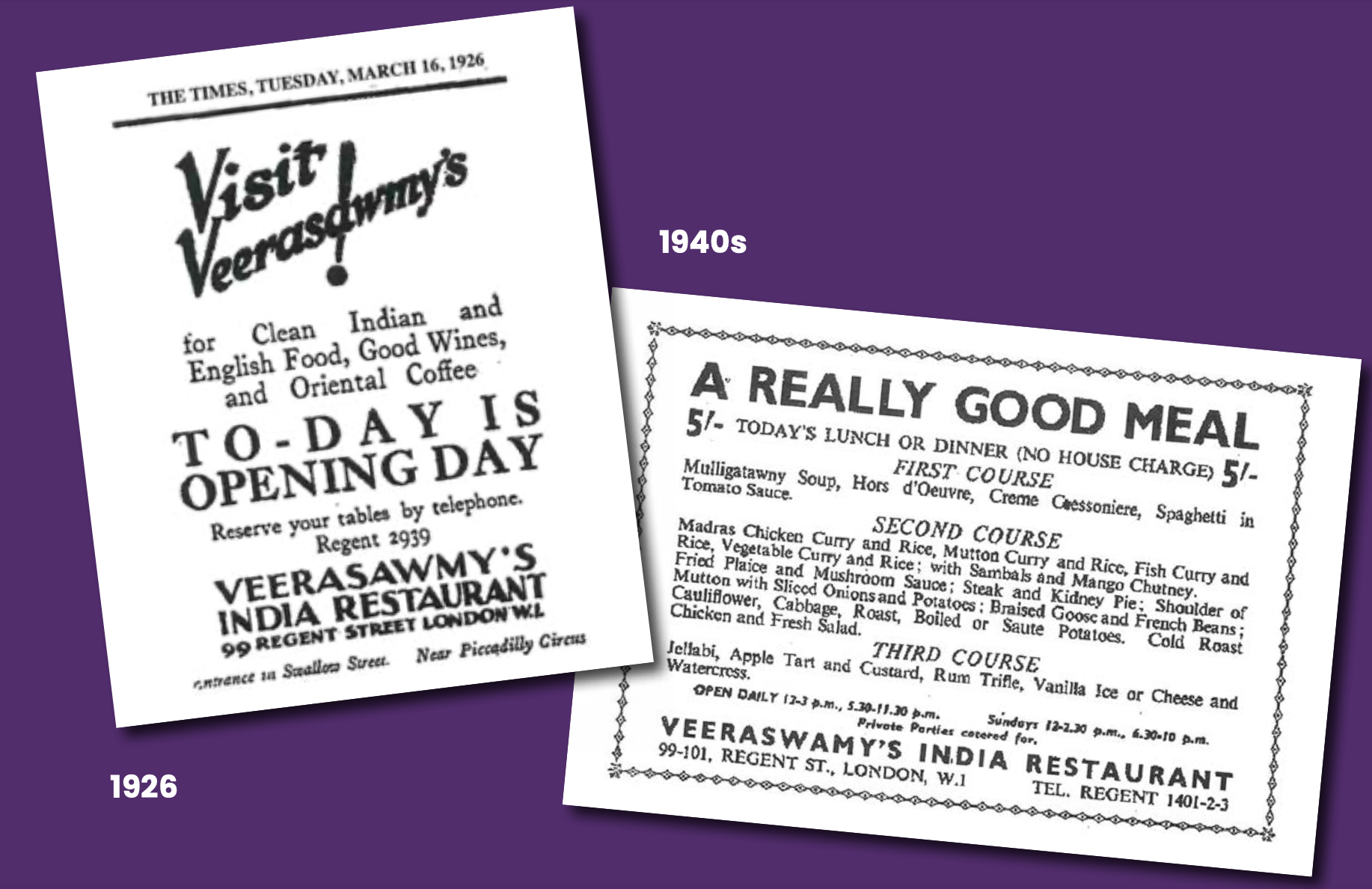 Cuttings show historic adverts for Veeraswamy, including on its opening day in 1926