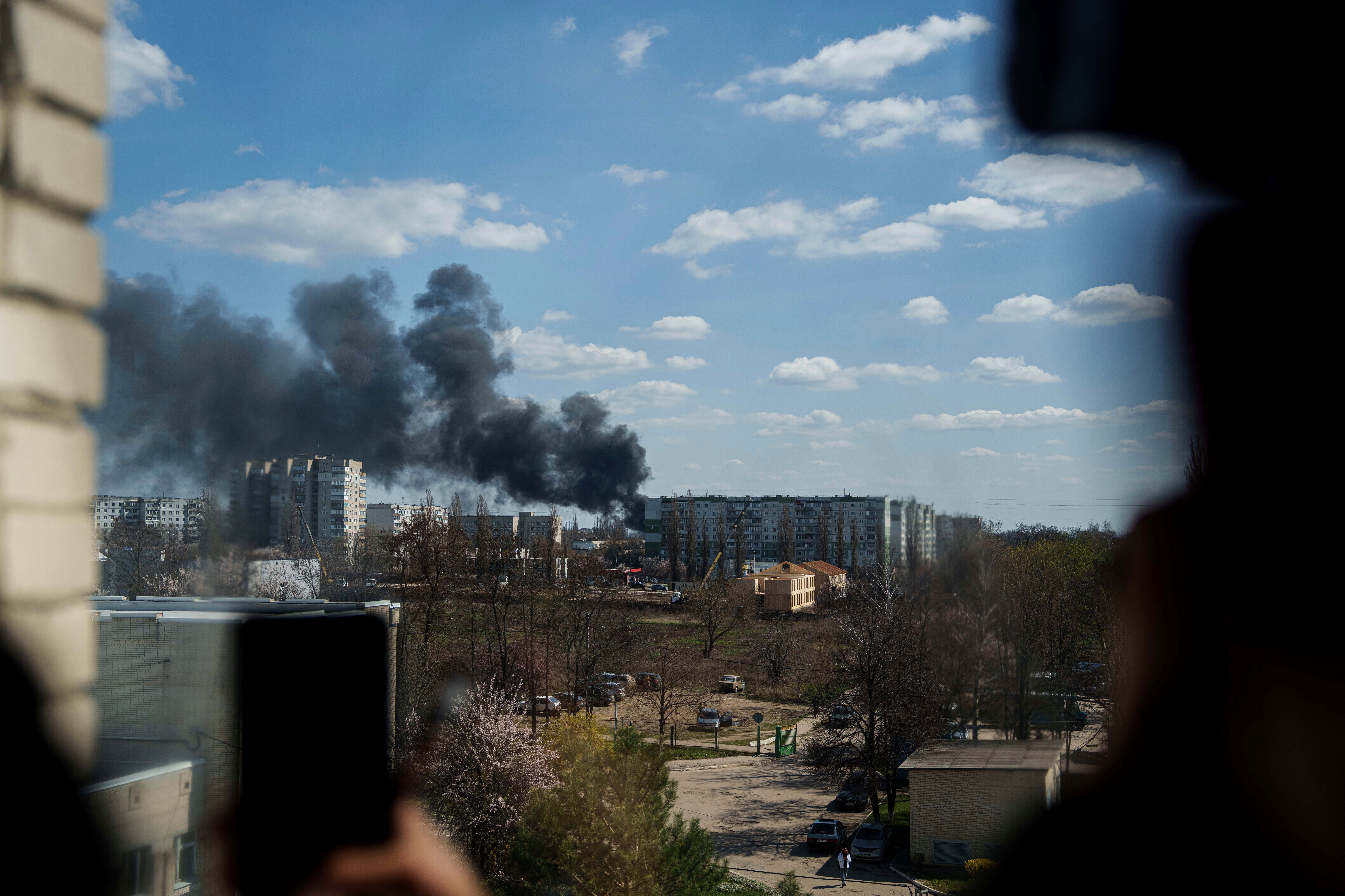 Smoke rises from an explosion following a Russian drone strike on Sumy, Ukraine, 14 April 2025