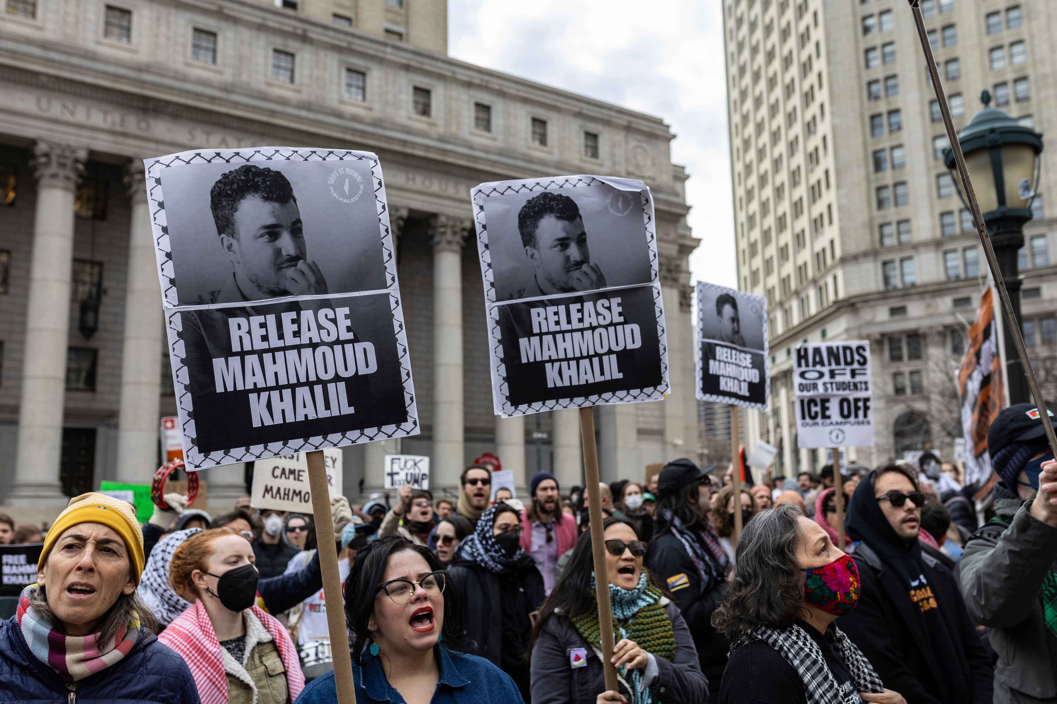 Protesters gather to advocate for the release of Mahmoud Khalil, a legal resident and Columbia University student detained after participating in pro-Palestinian campus protests last year